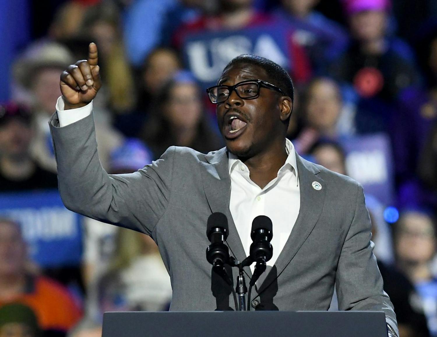 A photo of David giving a speech at a rally