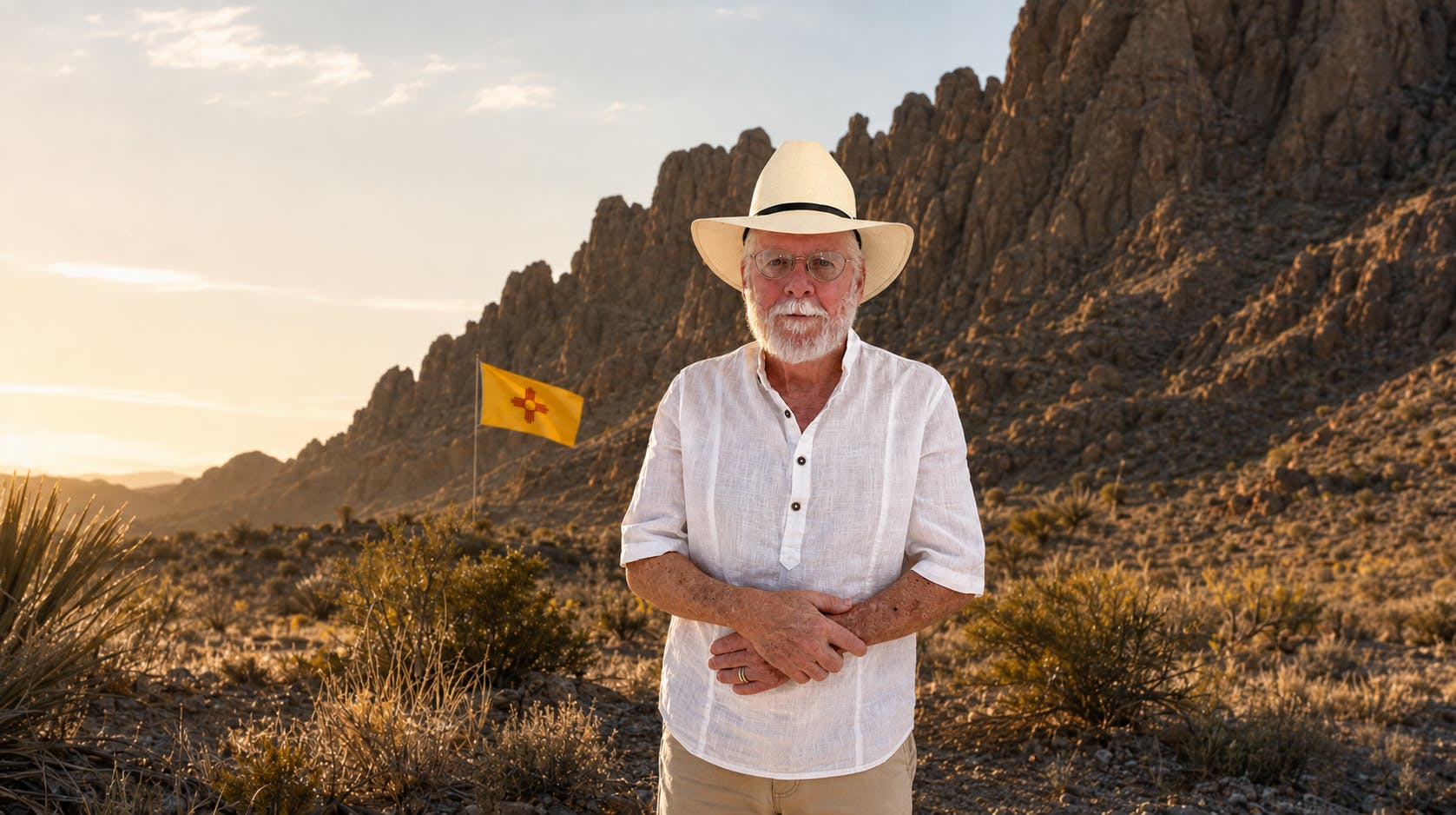 Thomas John “Tom” Wakely standing near the Florida Mountains with the New Mexico flag in Luna County