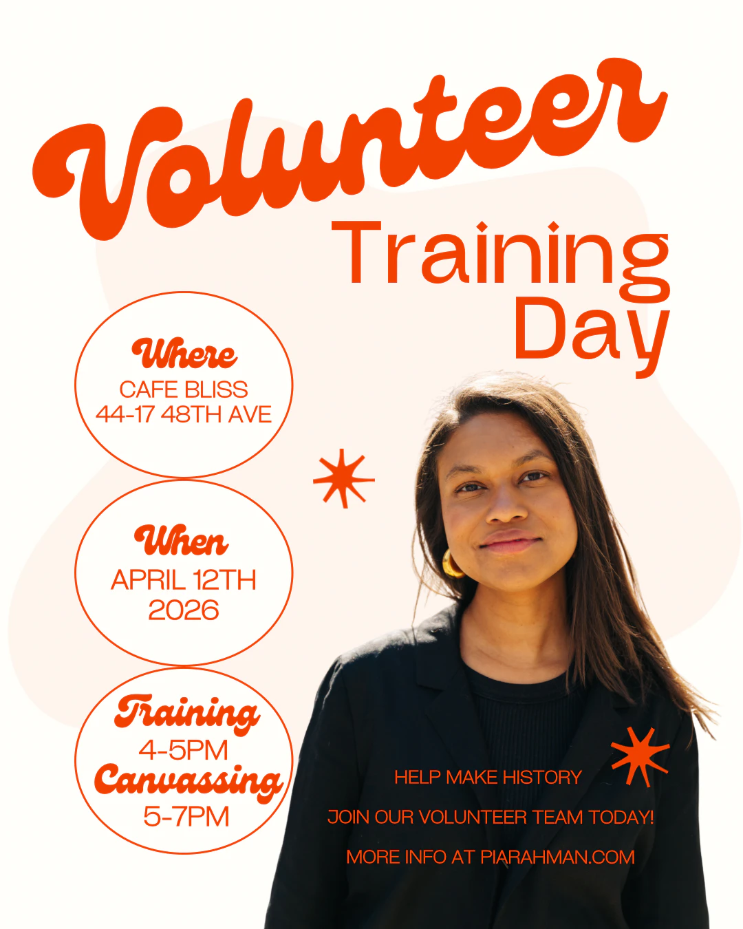 Portrait of Candidate smiling with information about the training event on Sunday, April 12th at 4pm at Cafe Bliss