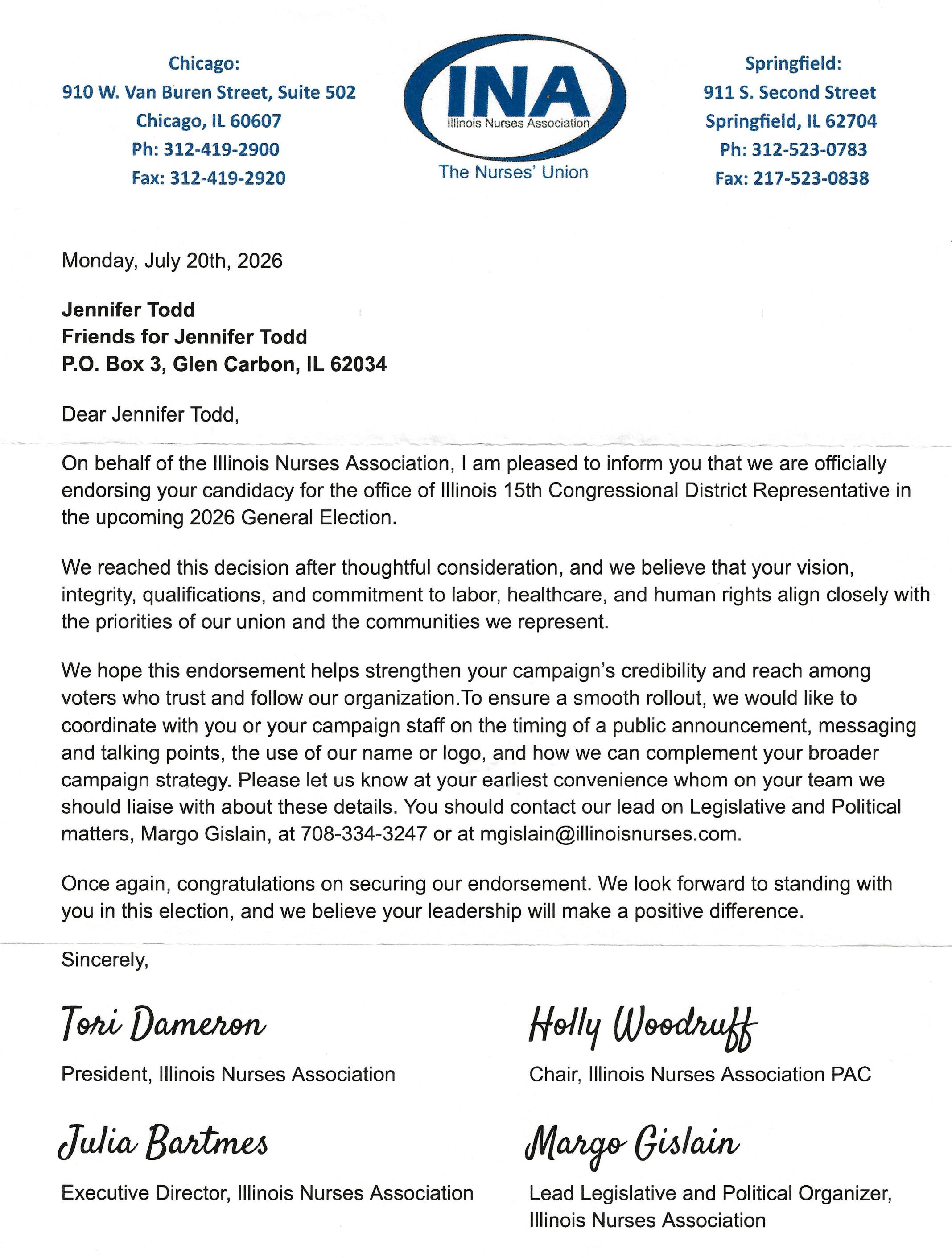 Illinois Nurses Association endorsement