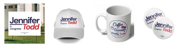 Signs, hats, mugs and stickers