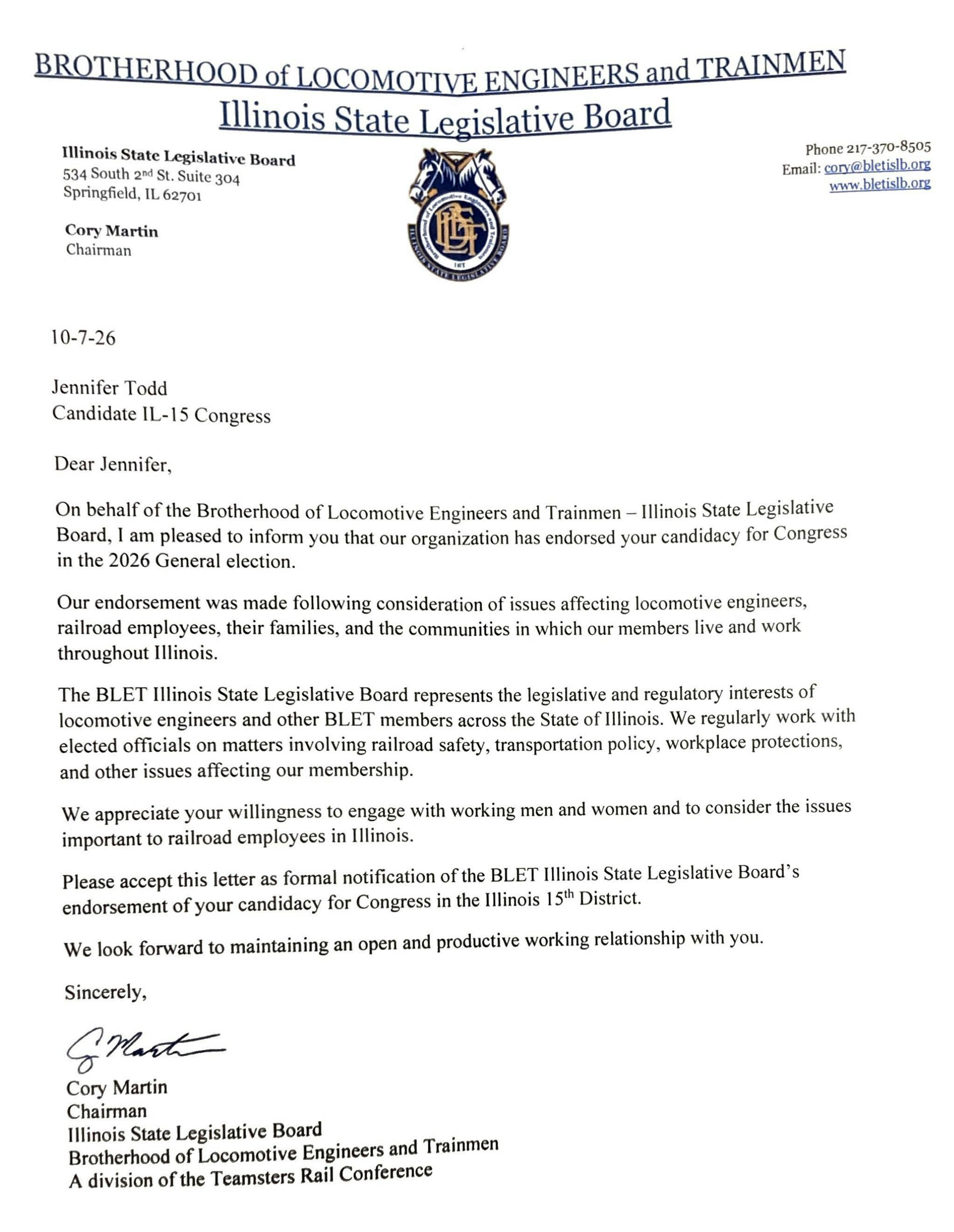 BLET Illinois State Legislative Board letter