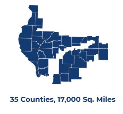 District 15: 35 counties, 17,000 Sq. Miles