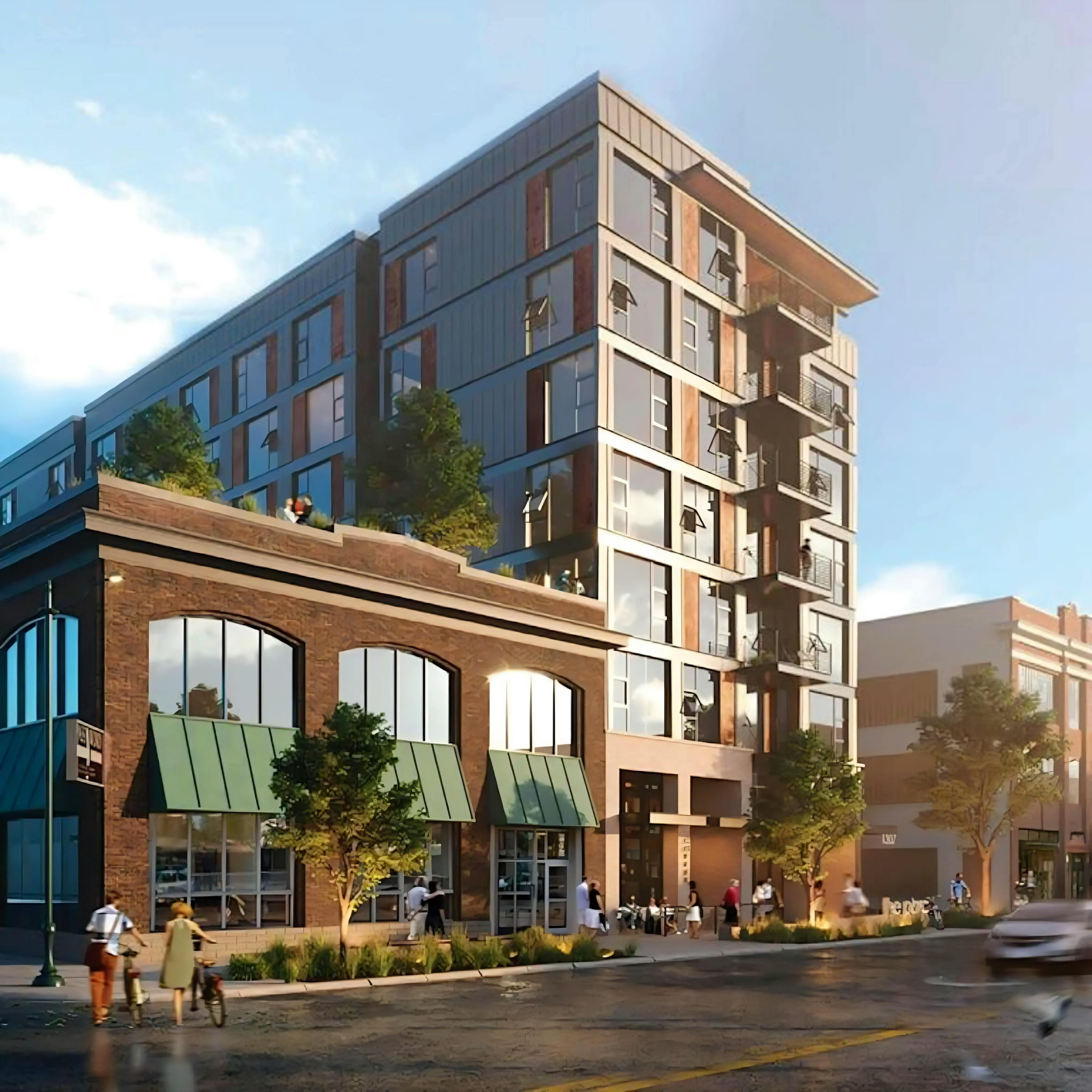 A picture of a 7 story building 