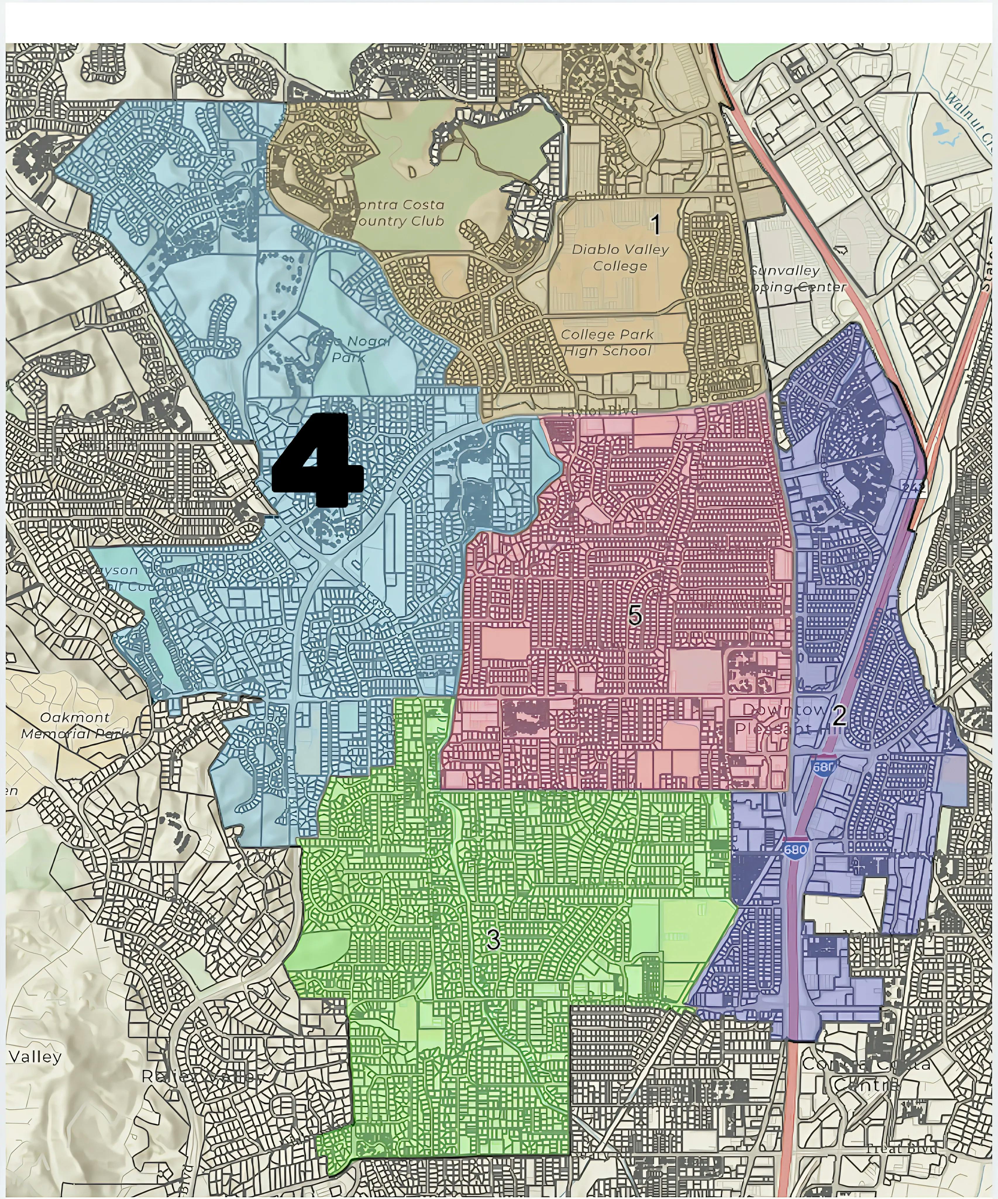 Detailed map of the City of Pleasant Hill divided into 5 districts