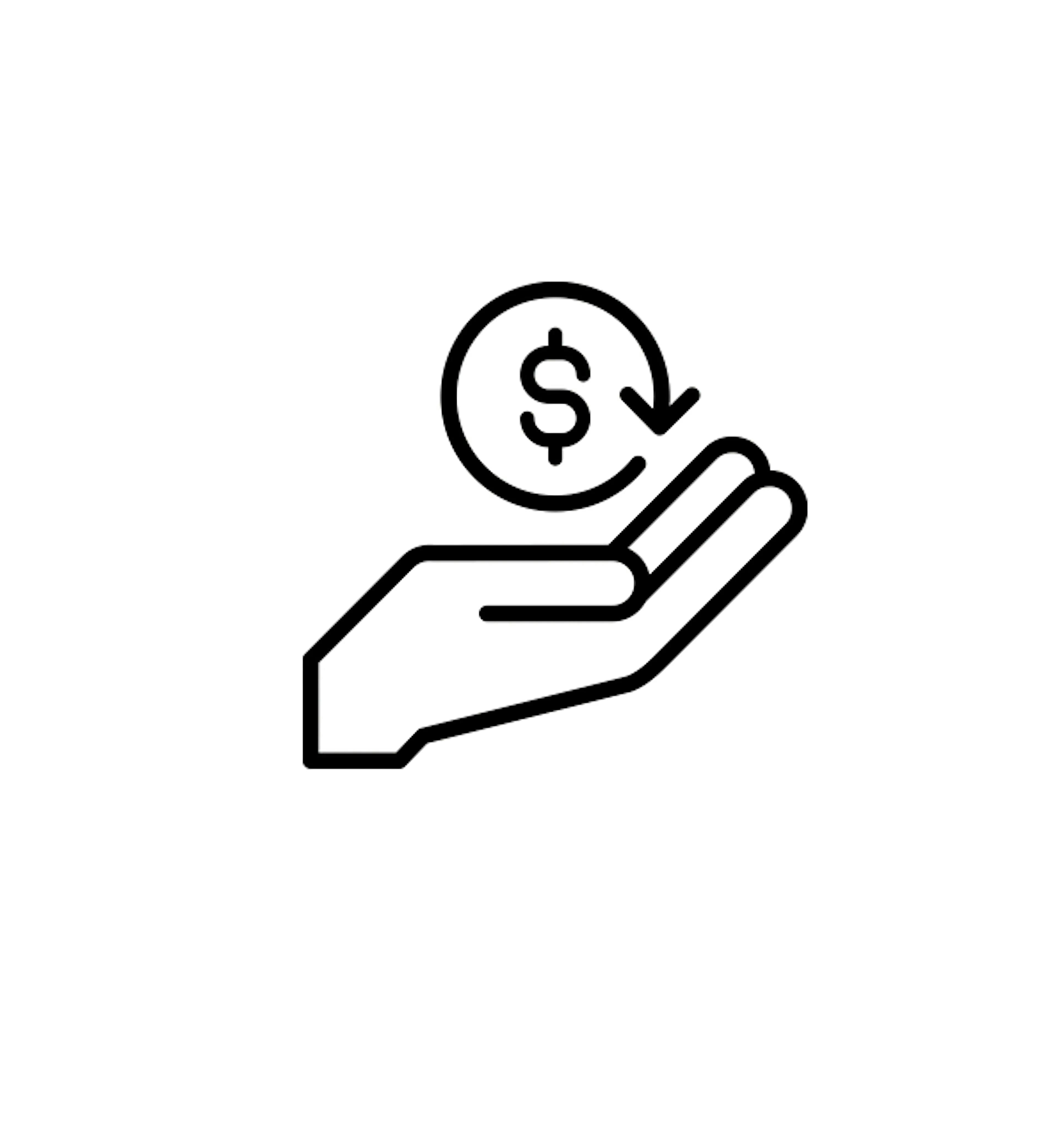 Black and white graphic of a hand open and out to collect money