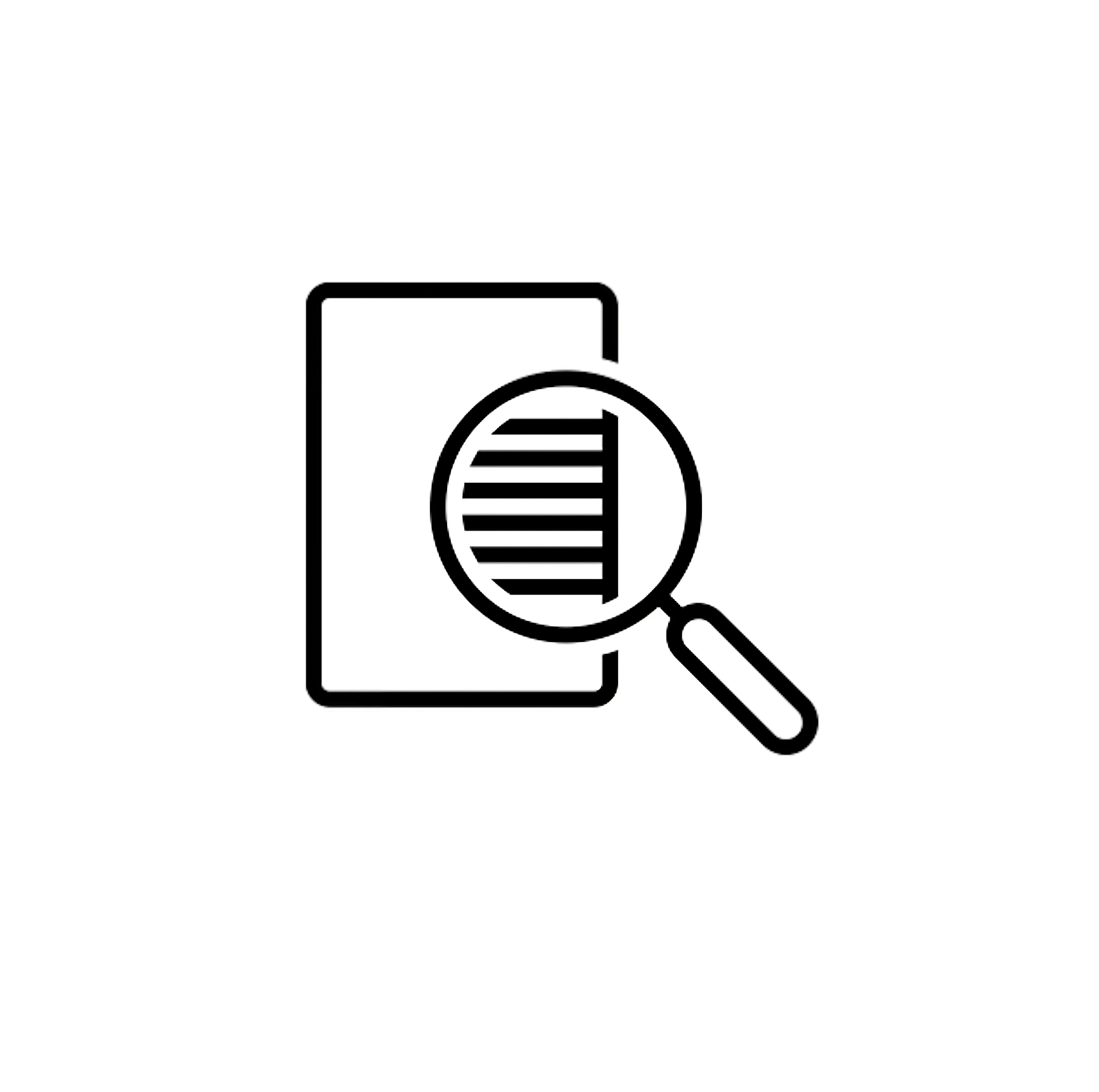 black and white graphic of paper and magnifying glass