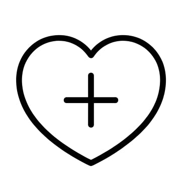 Black and white graphic of a heart with a plus symbol in the middle