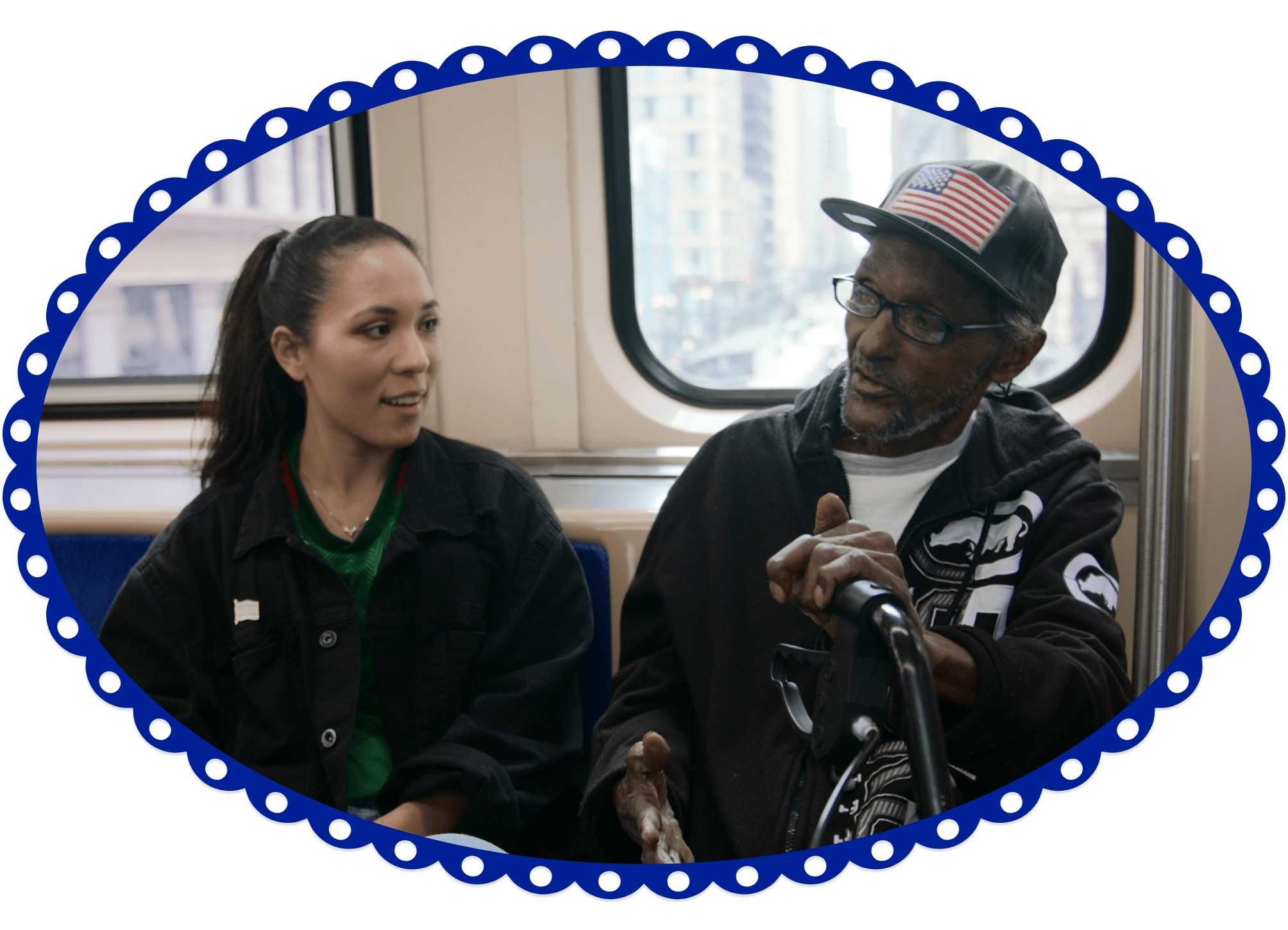 Image of Anabel Mendoza for IL-7 speaking with voter on train