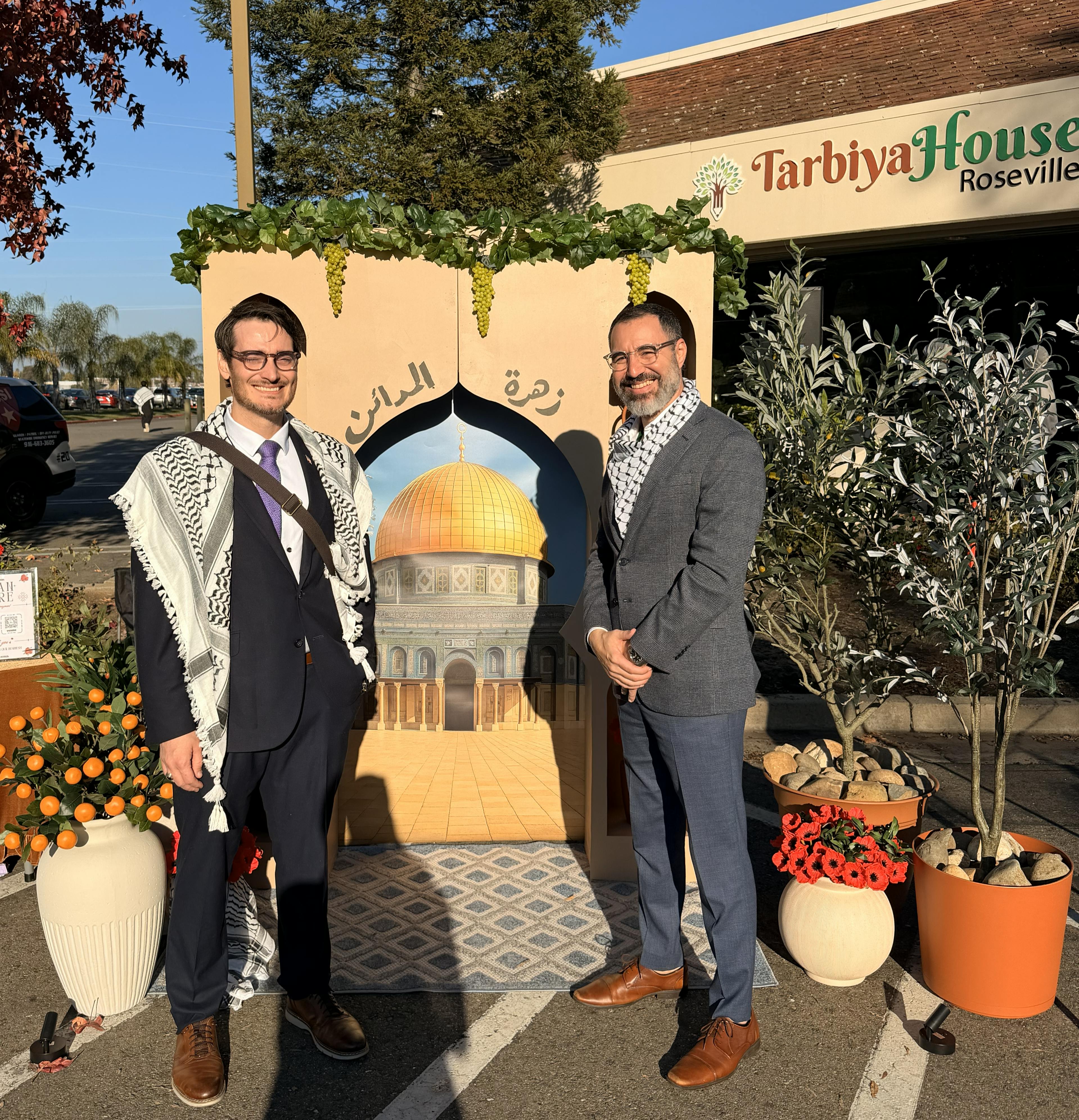 Chris Bennett with an organizer of the 100 Years of Palestine event at Tarbiyah House in Roseville on Nov 22, 2025