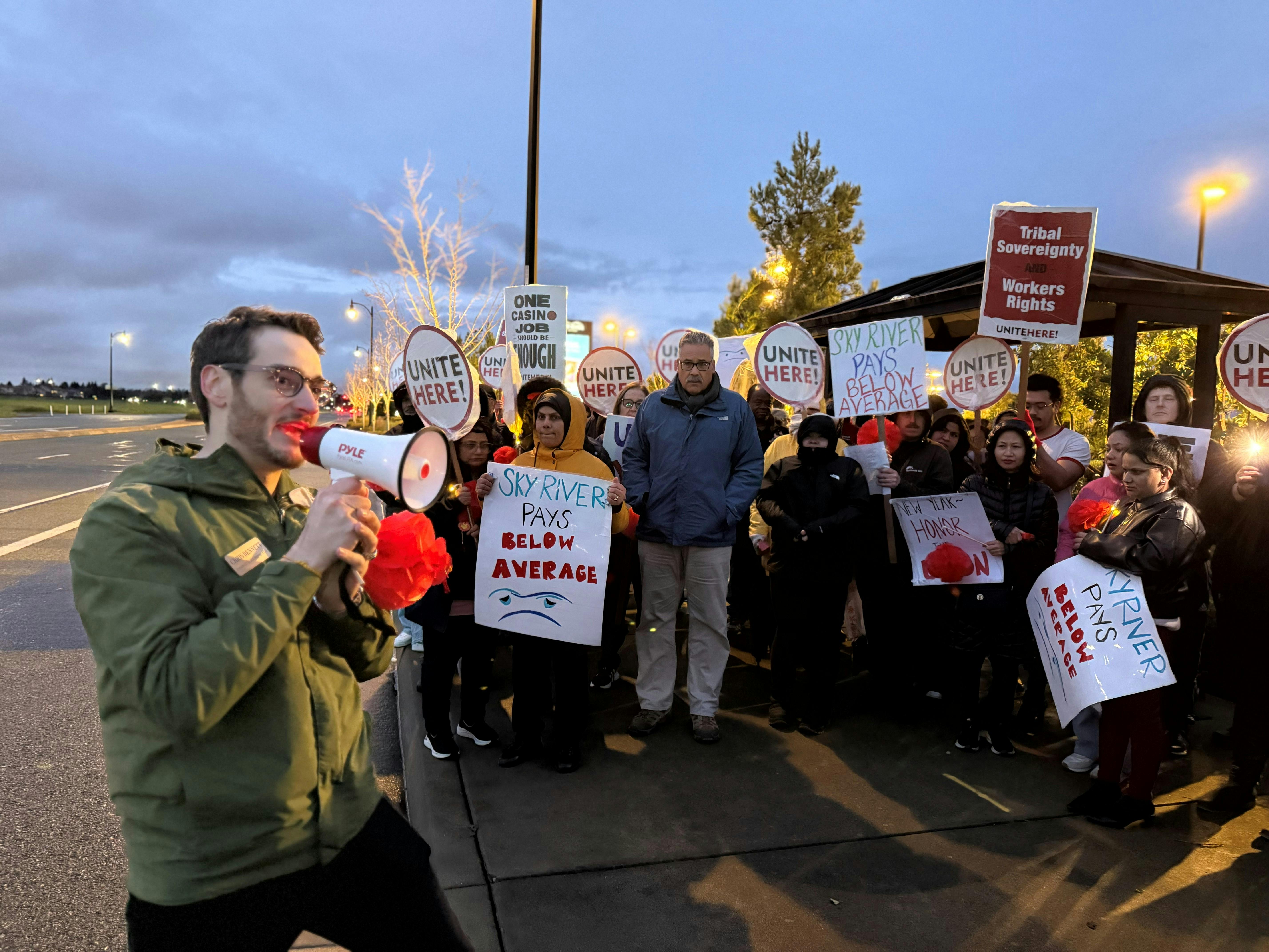 2-17-26 Chris speaking at the UNITE HERE Local 49 picketline outside Sky River Casino