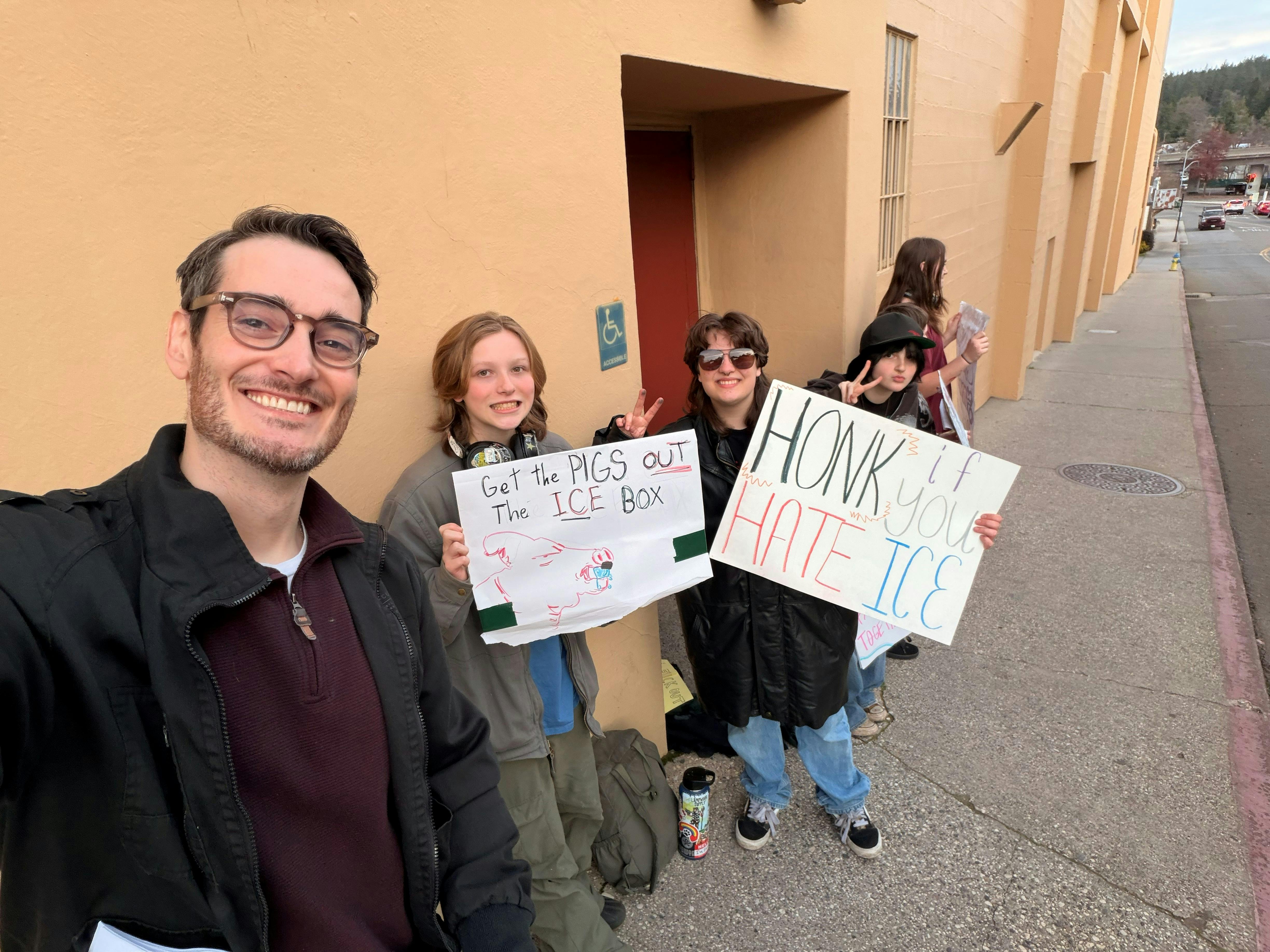 1-20-26 Chris with Grass Valley HS students at the ICE Walkout