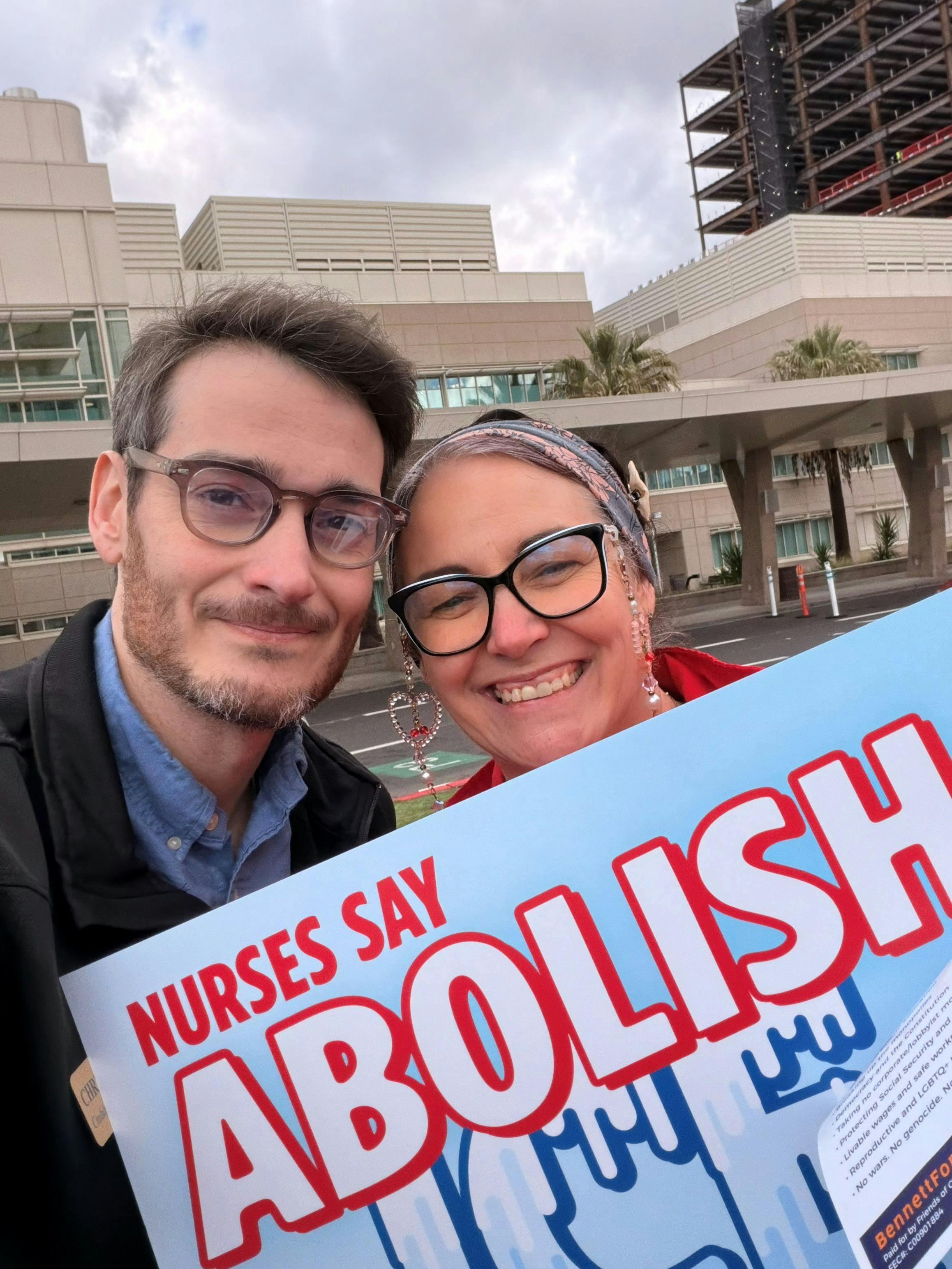 2-19-26 Chris with a nurse leader at the Nurse Action against ICE at UC Davis Medical Center