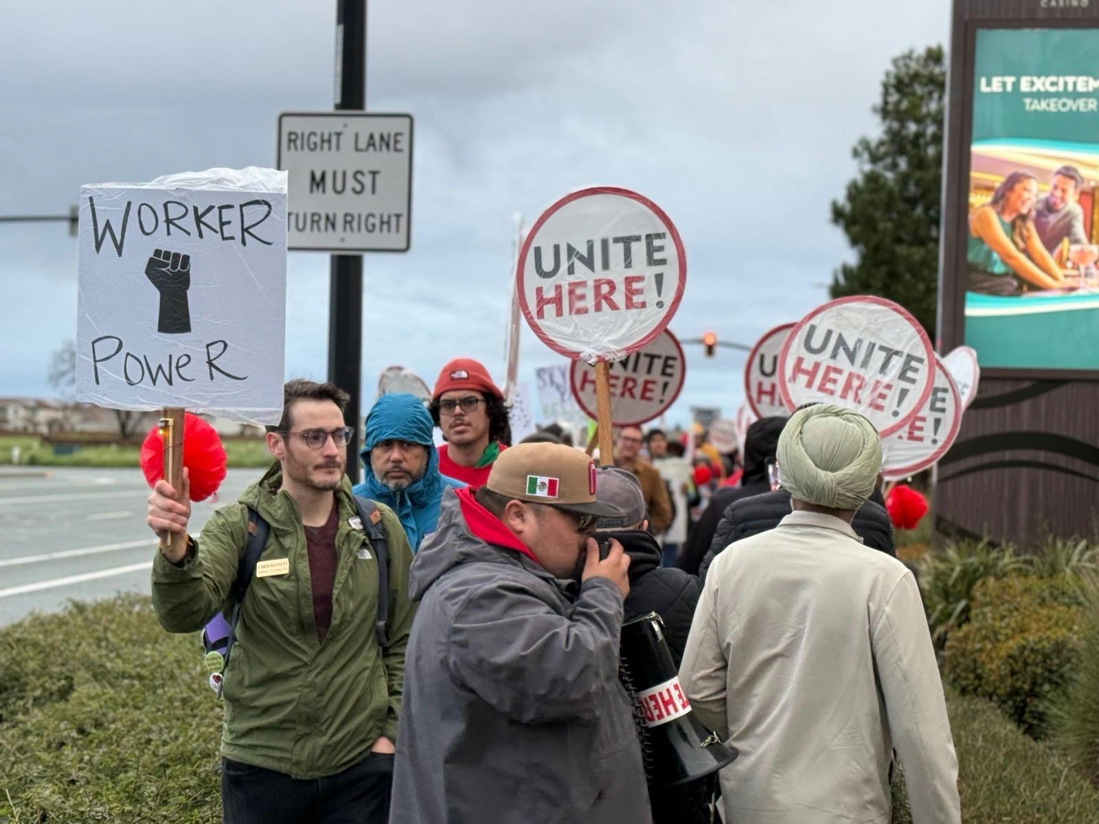 2-17-26 Chris marching with UNITE HERE Local 49 picketline outside Sky River Casino