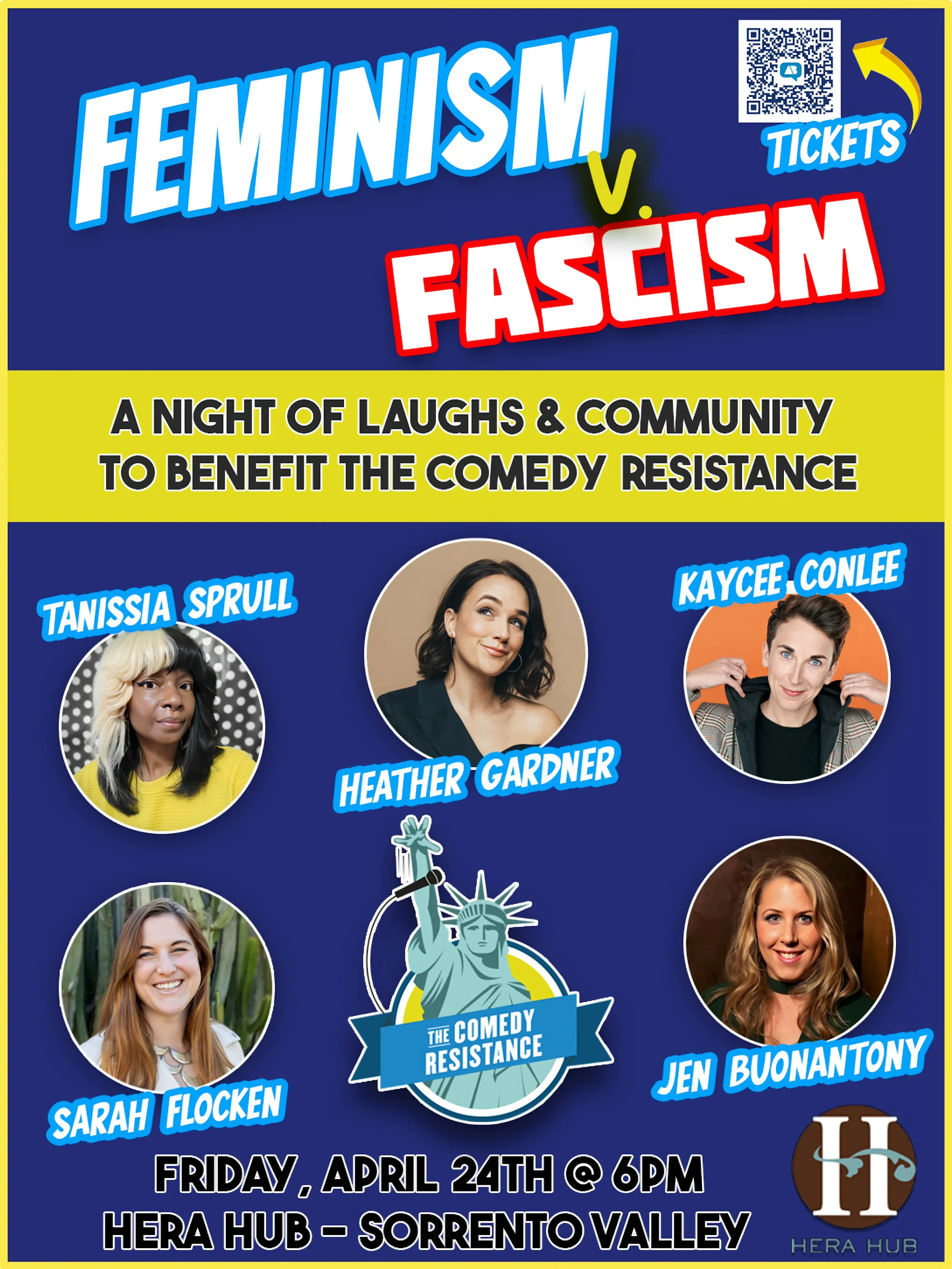 Flyer for Feminism v. Fascism, a comedy benefit show for The Comedy Resistance at Hera Hub — Sorrento Valley, in San Diego