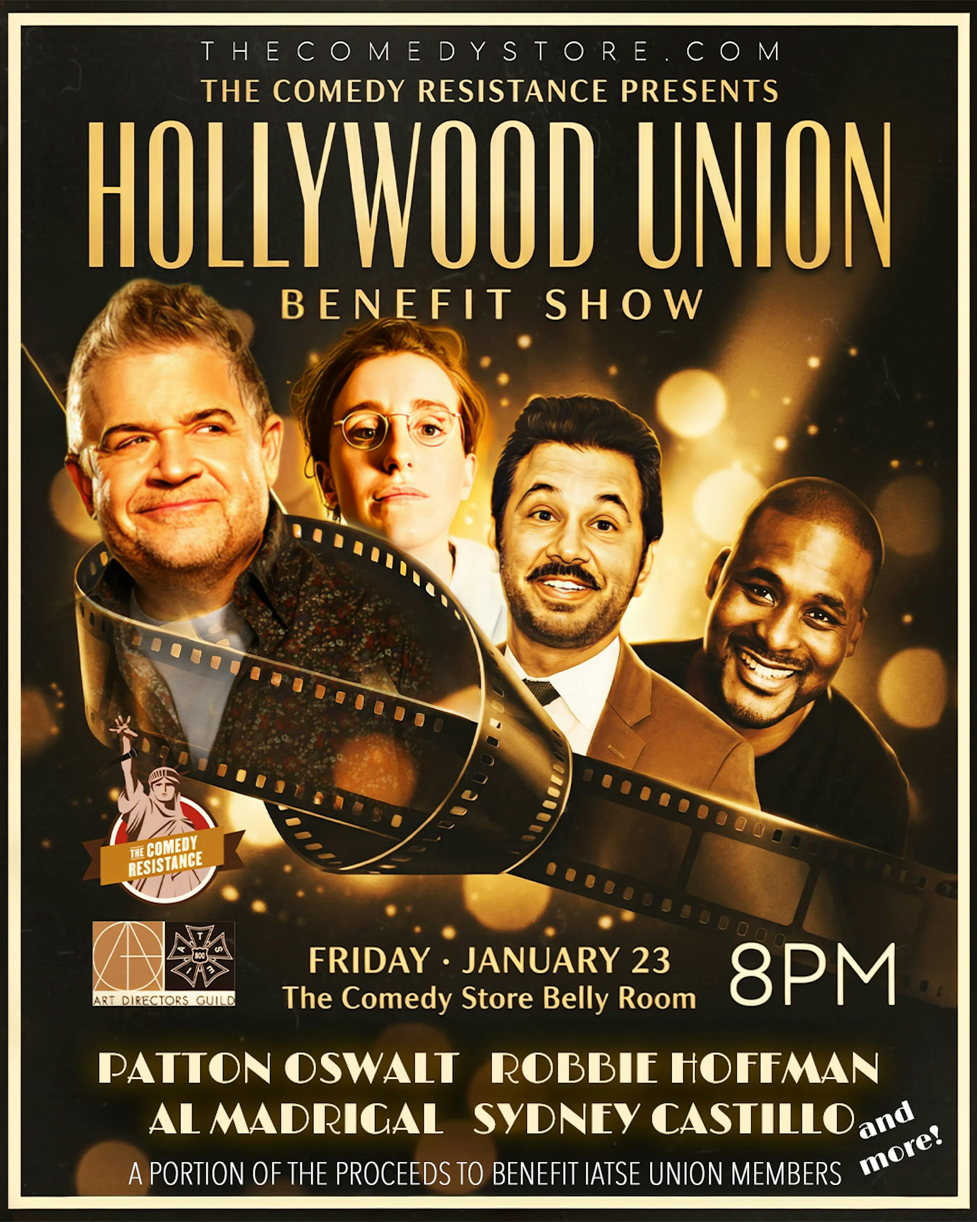 Flyer for ADG Local 800 benefit show, with Patton Oswalt, Robbie Hoffman, Al Madrigal and Sydney Castillo