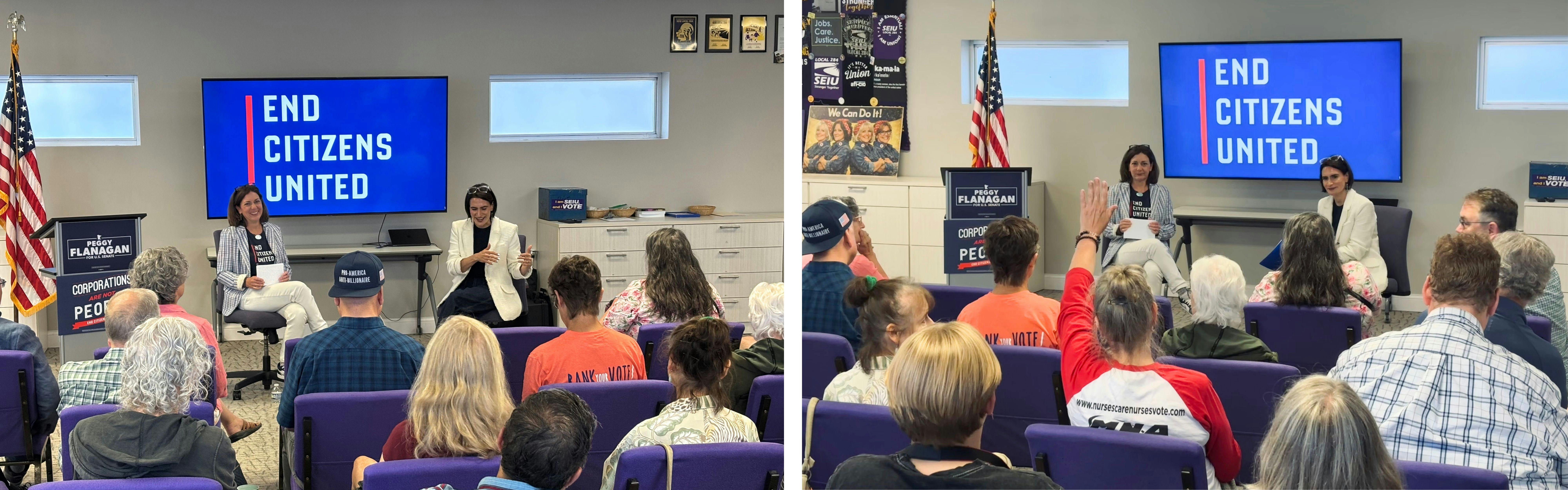 Photos of End Citizens United President Tiffany Muller and Minnesota Lt. Governor Peggy Flanagan in front of screen with ECU logo. Signs for ECU and Peggy Flanagan are in the background. Audience is in front of them. 