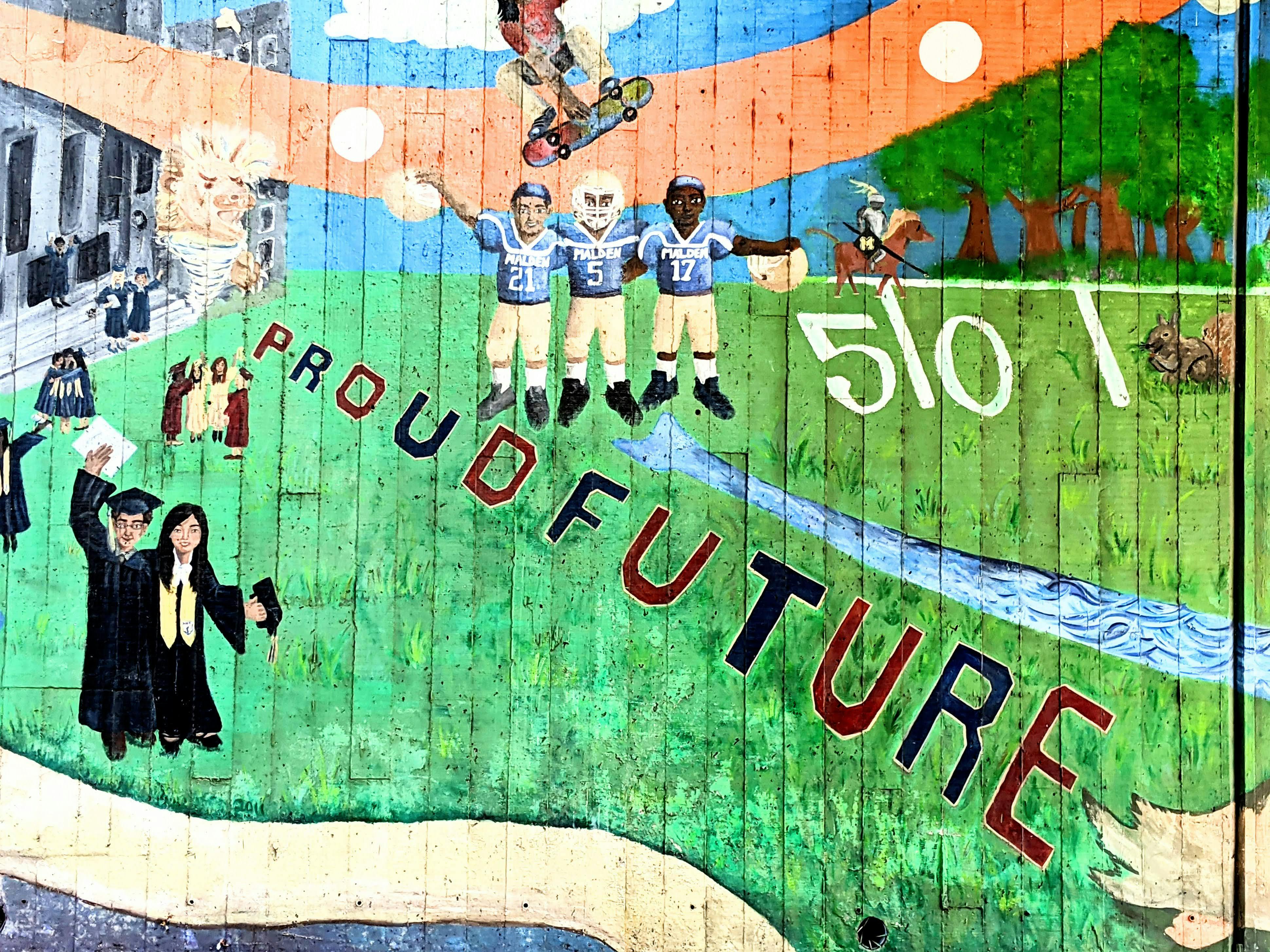 Mural showing "Proud Future" and parts of the Malden community including students, athletes, the Malden River, the high school, and reference to the Orange Line