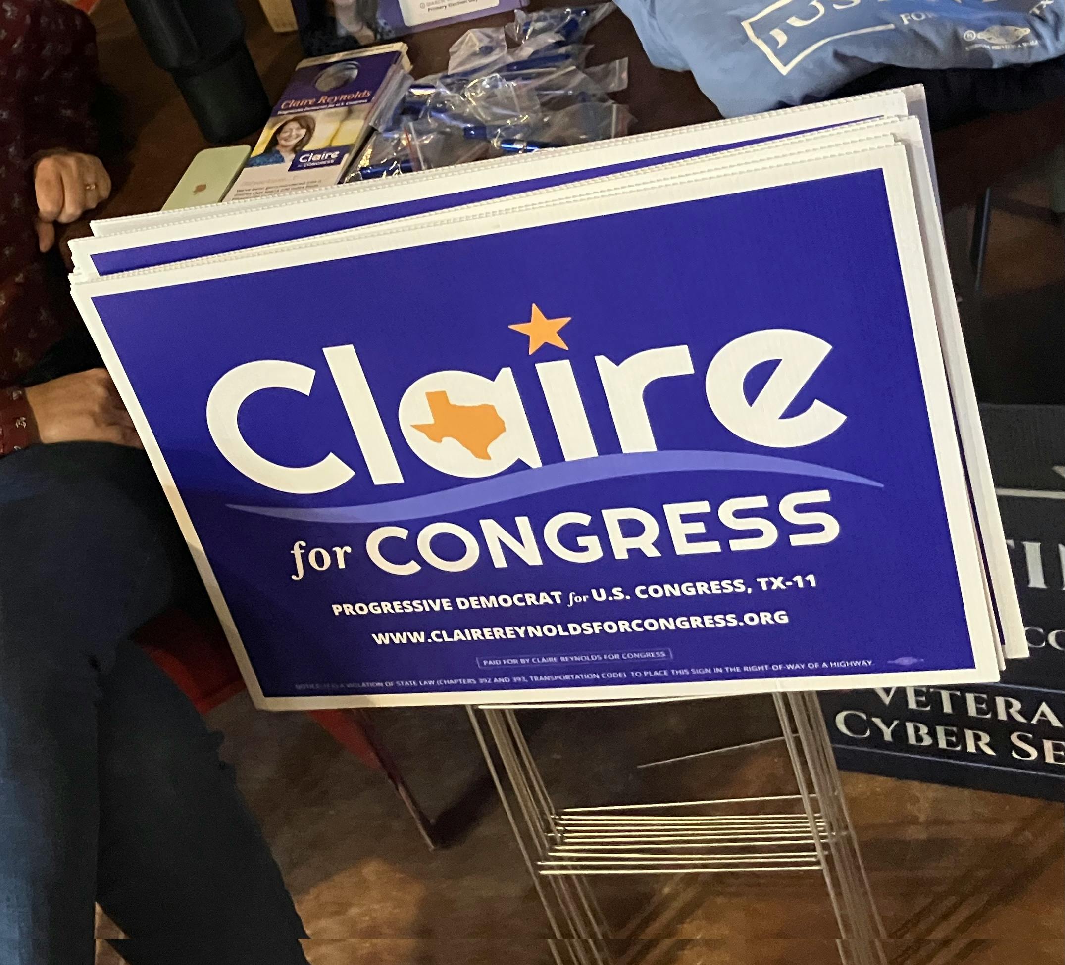Claire for Congress sign in a wild yard next to a Talarico sign
