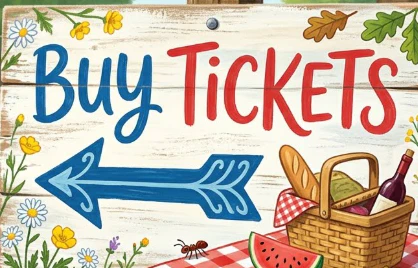 sign with a picnic basket saying Buy Tickets