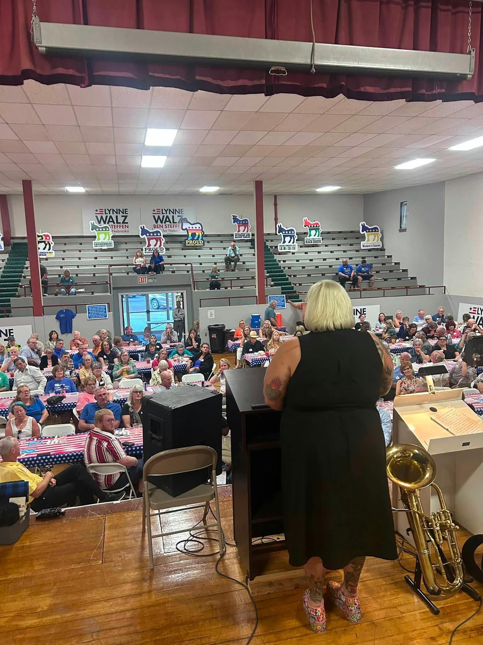 Sarah speaking at a campaign event.