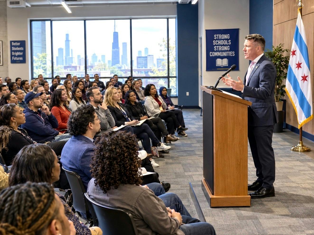 Bill giving a speech to a full room
