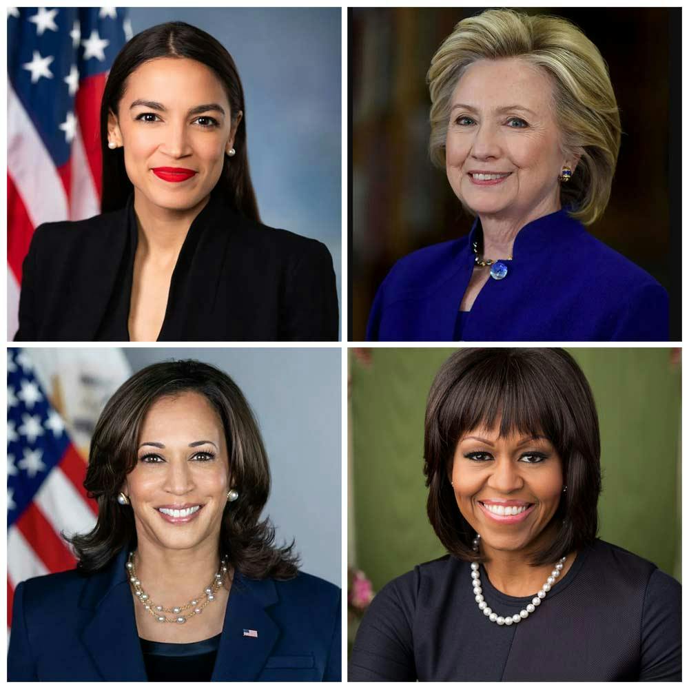 Photo collage of Alexandria Ocasio-Cortez, Hillary Clinton, Kamala Harris and Michelle Obama
