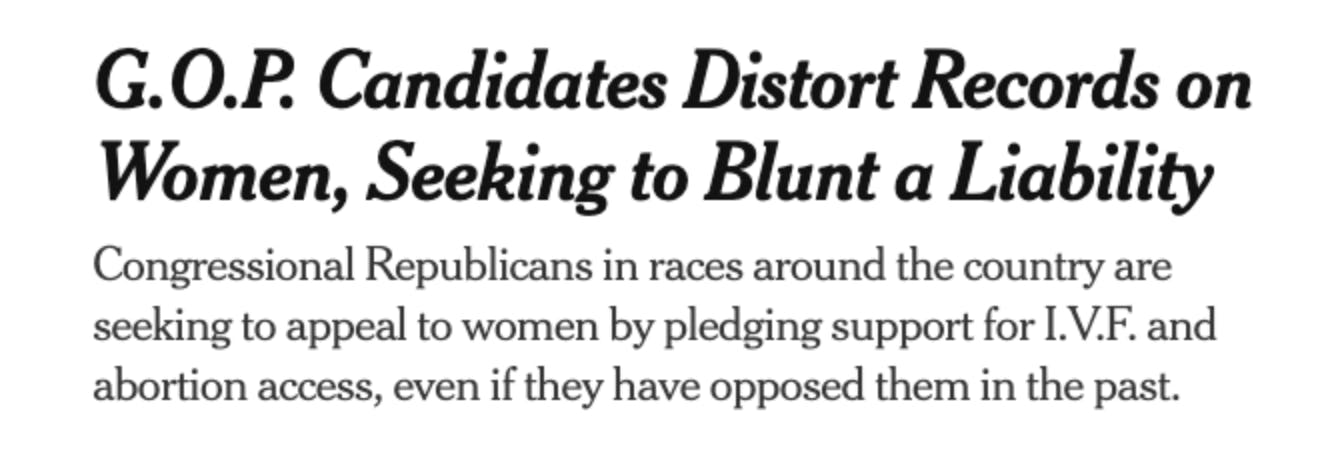 Image of New York Times Headline: "GOP Candidates Distort Records on Women, Seeking to Blunt a Liability"
