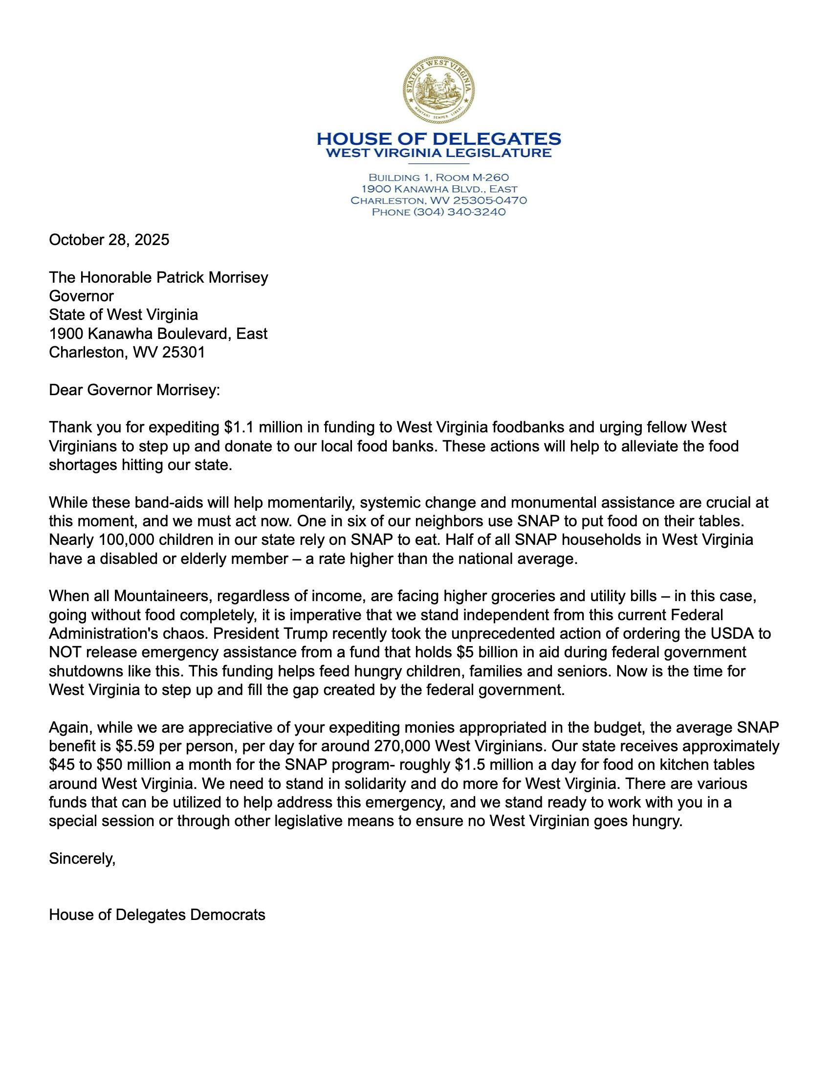 10.28.2025 House Dems letter to Governor re SNAP