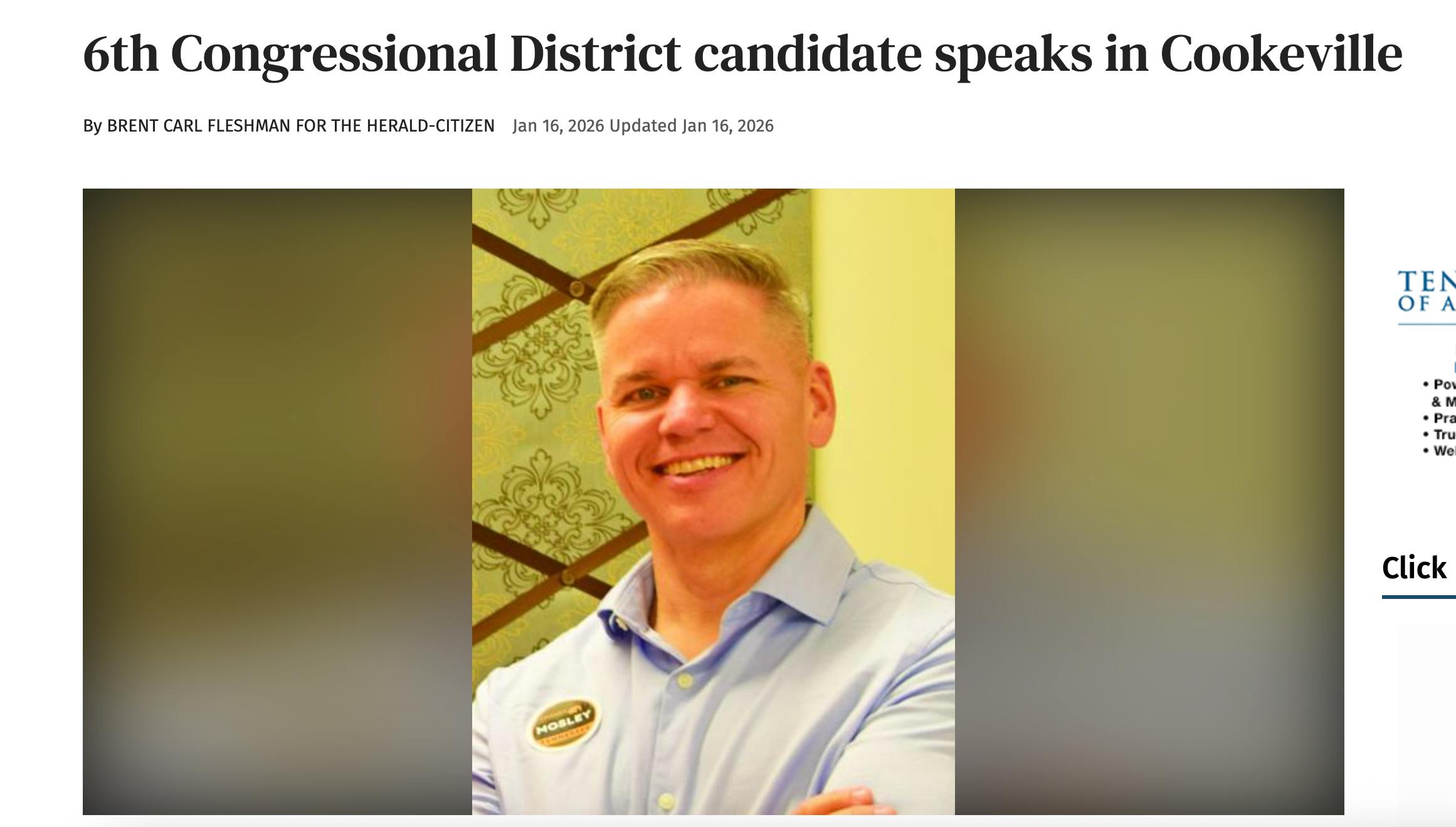 News article about candidate Chaney Mosley speaking in Cookeville