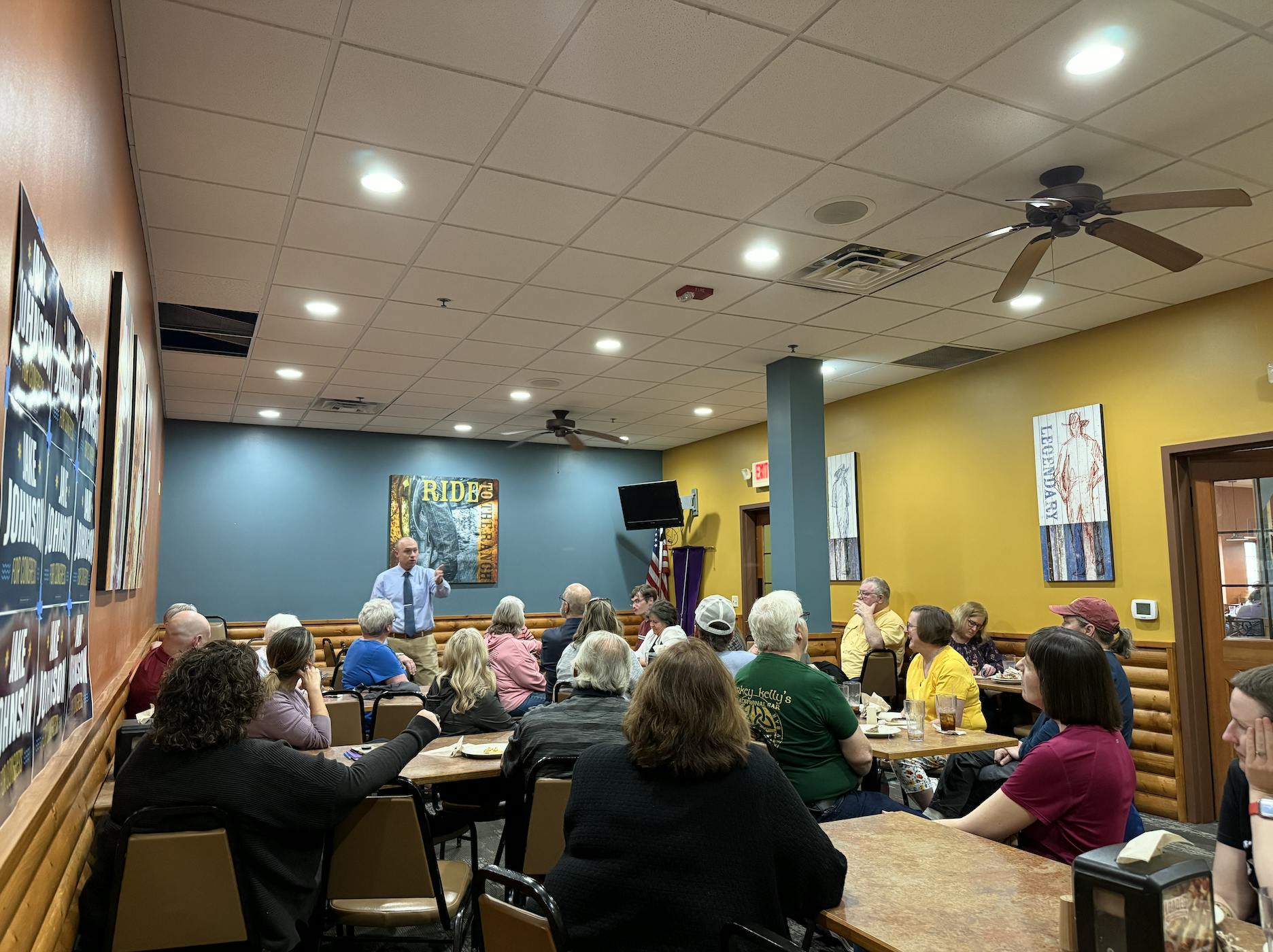 Jake Johnson speaking to over 30 constituents in Fairmont, Minnesota.
