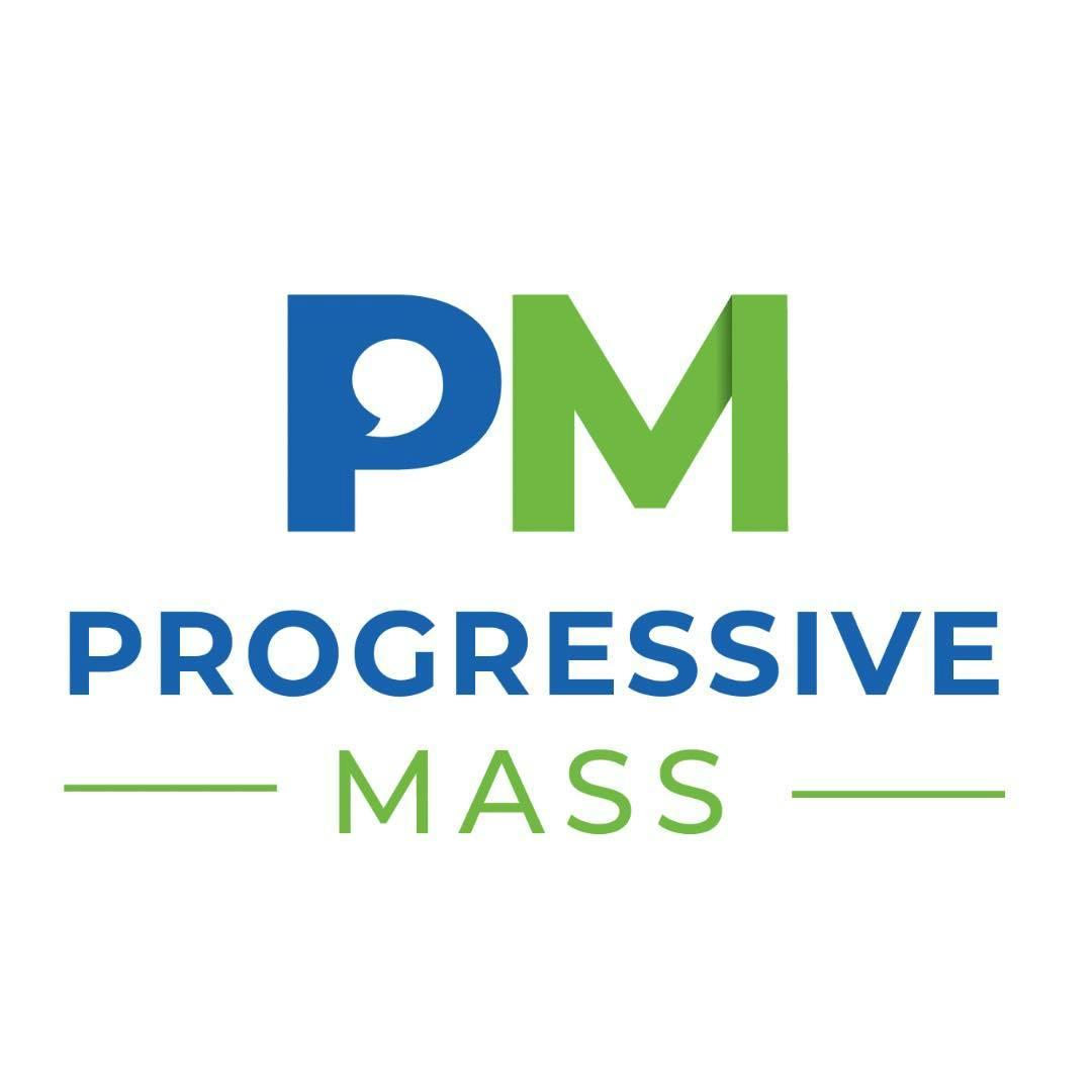 Green and blue Progressive Mass logo, block text on white background