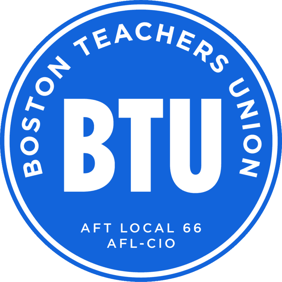 Boston Teachers Union logo, white text with royal blue background