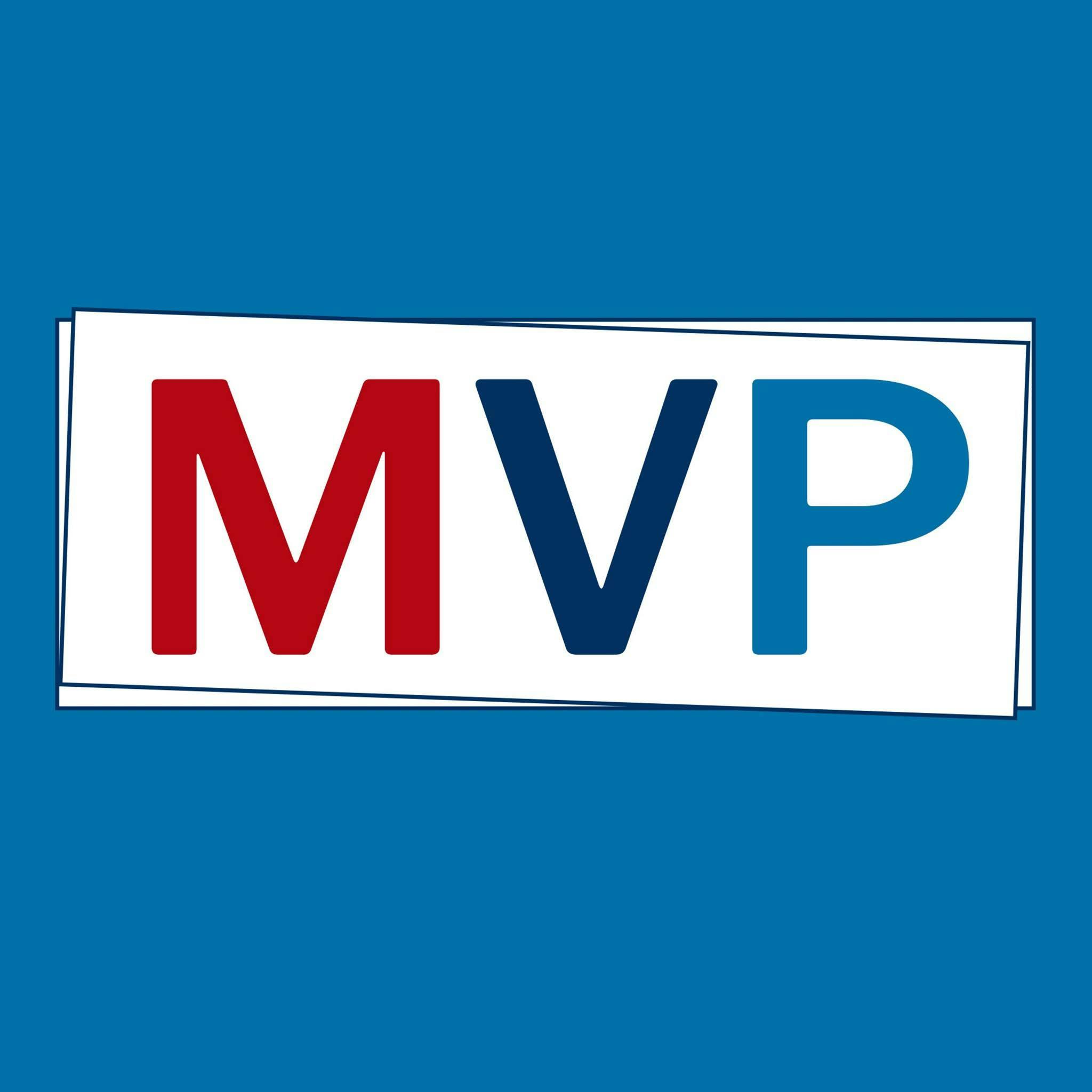 Blue background, with red and blue MVP logo on a white rectangle
