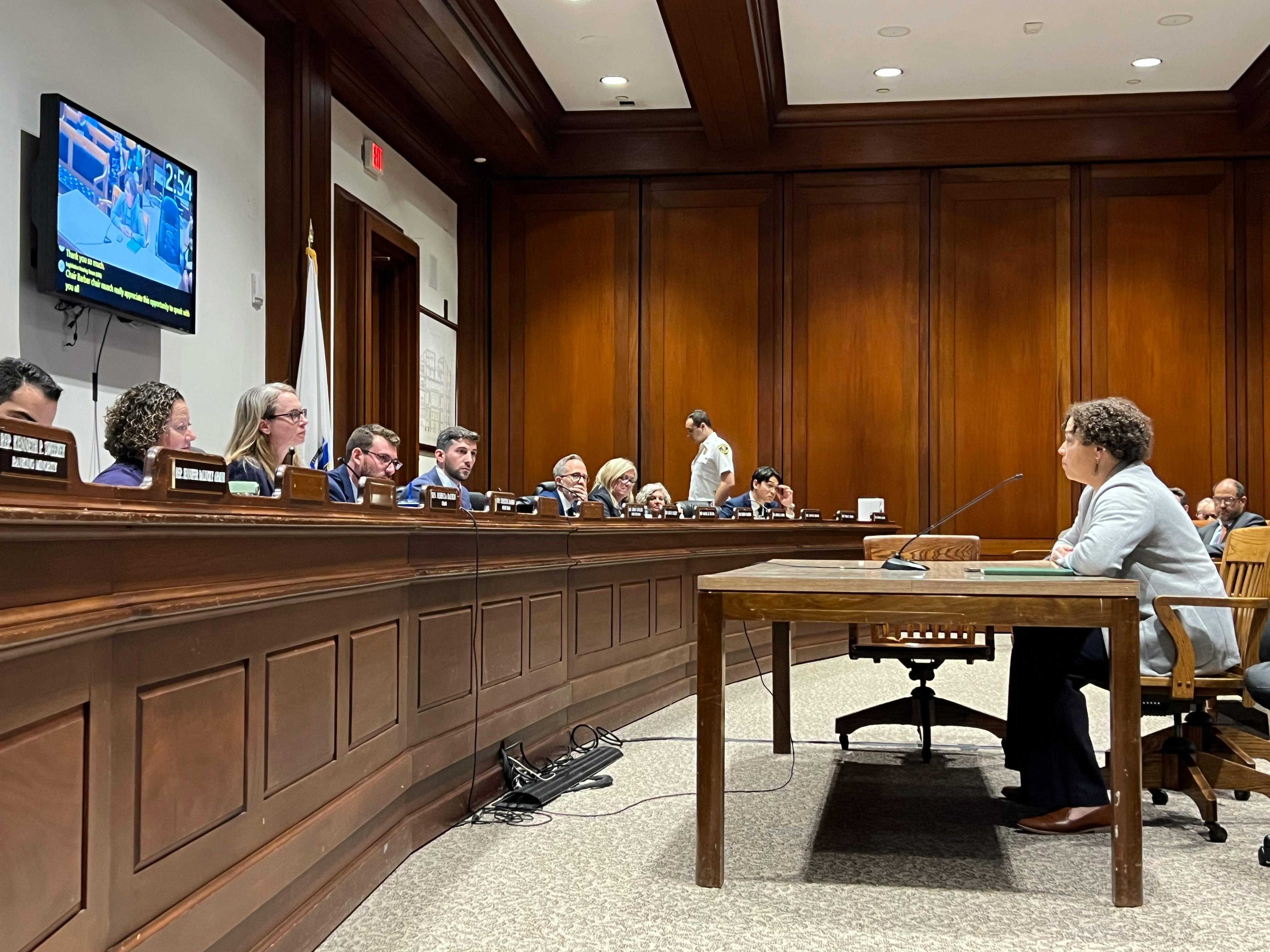 Side shot of Carey sitting at a table, testifying before a legislative panel in a wood-paneled statehouse commitee room
