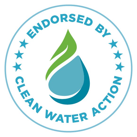 Text: "Endorsed by Clean Water Action", blue text on white background, with CWA water drop logo in blue and green