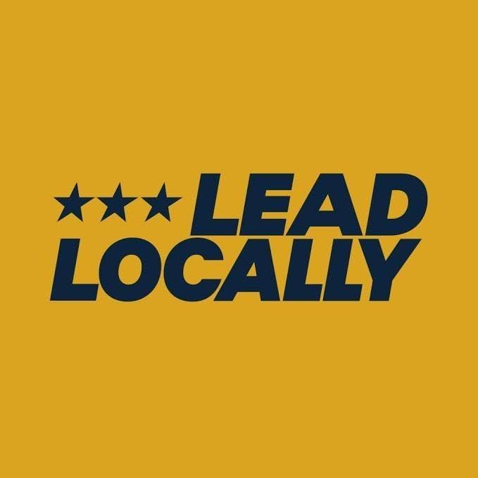 Lead Locally yellow logo with blue, block text