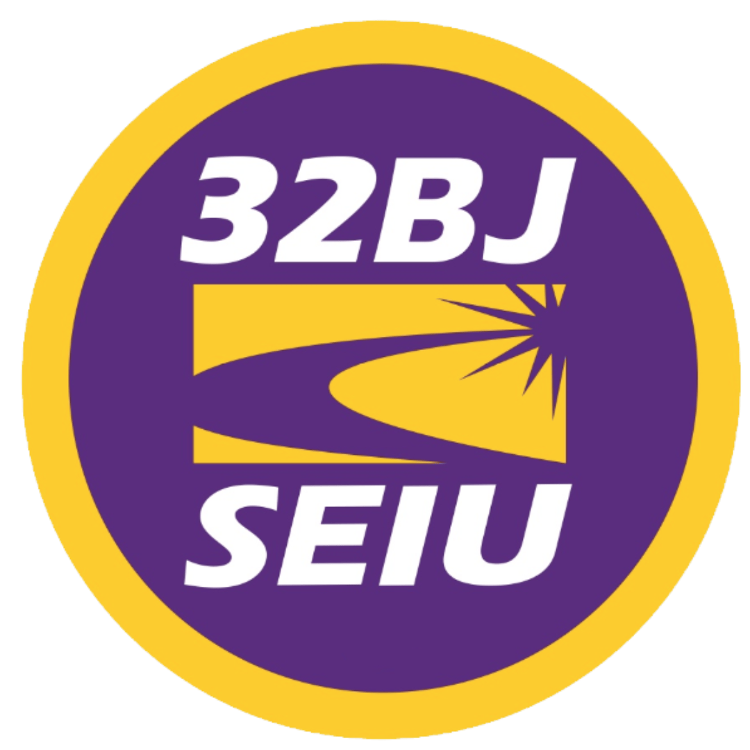 Purple and yellow SEIU 32Bj logo with white block text