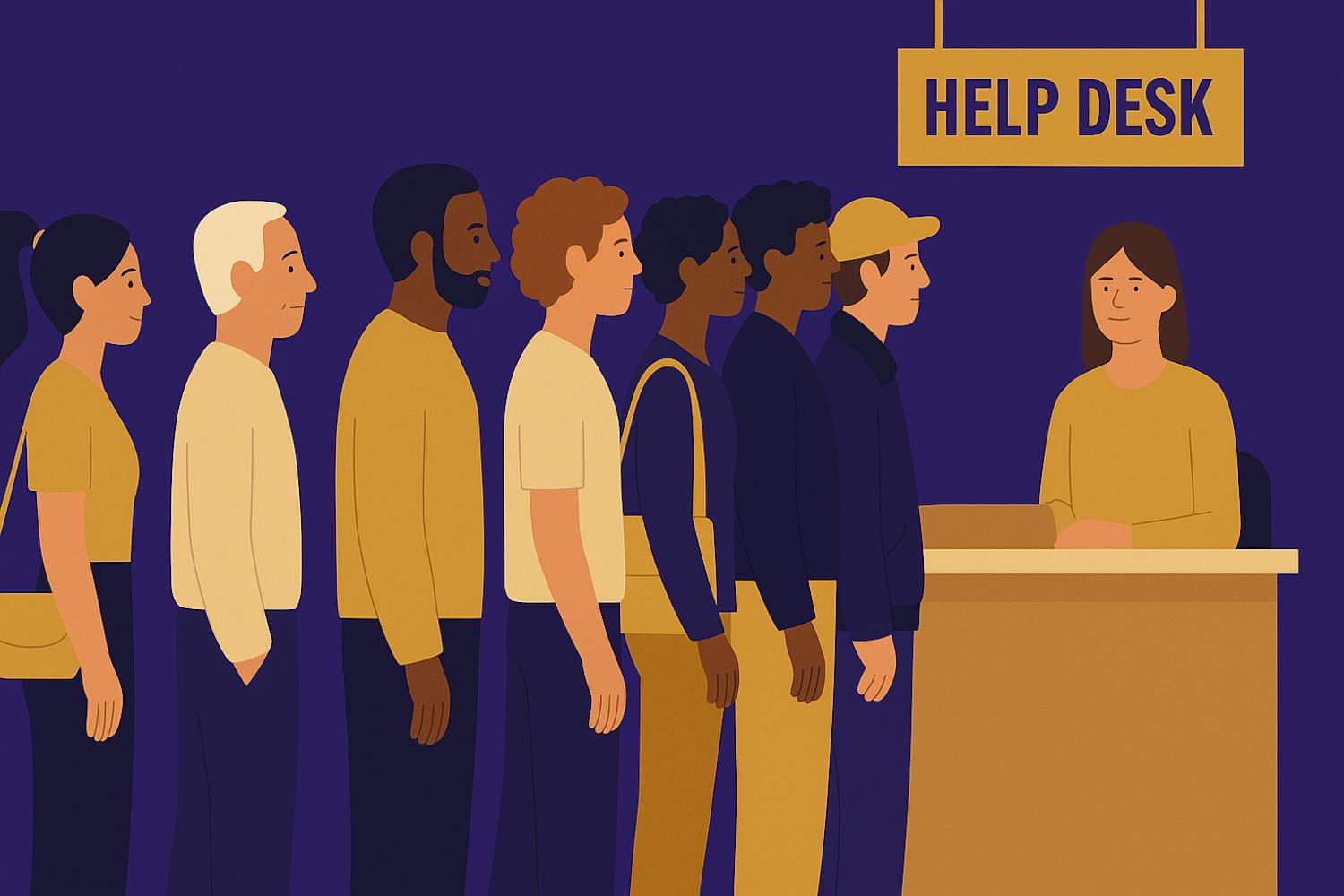 illustration of people lining up to get help from a worker at a help desk
