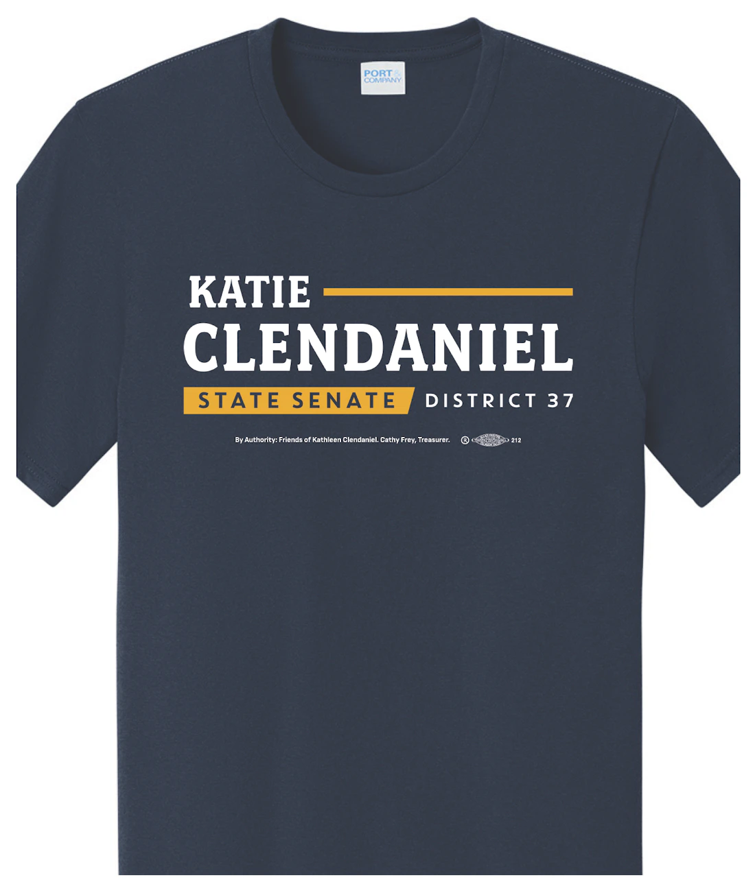 Front of the navy Katie Clendaniel State Senate District 37 shirt