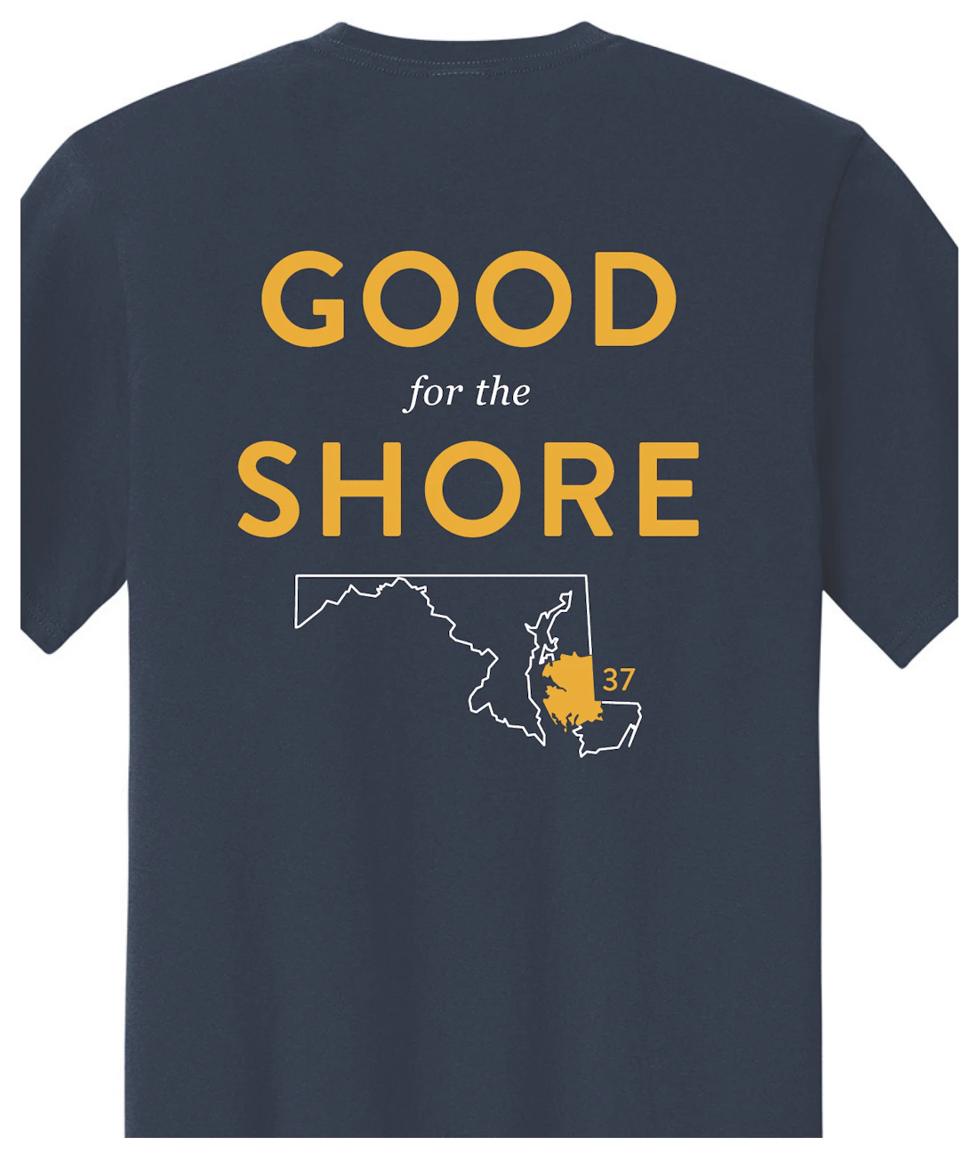 Back of the navy shirt with Good for the Shore and the District 37 map