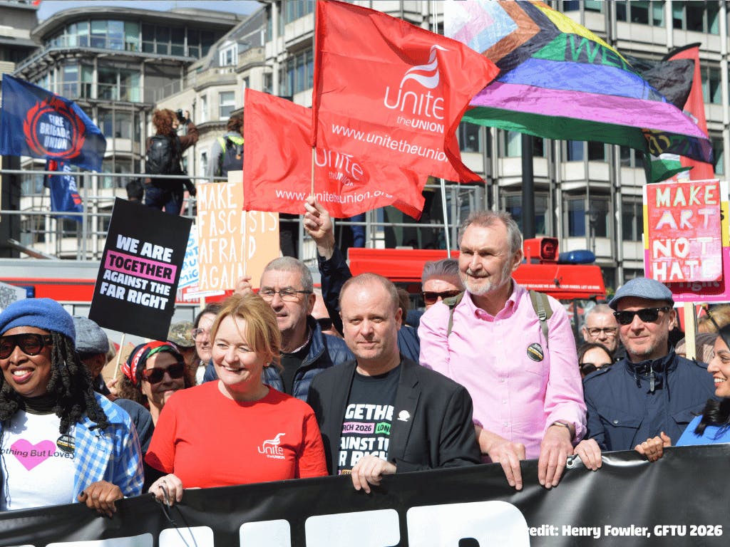 Dawn Butler MP, Sharon Graham GS of Unite, Gawain Little GS of GFTU and Kevin Courtney hold banner infront of colourful array of flags at demonstration against the far right on March 28