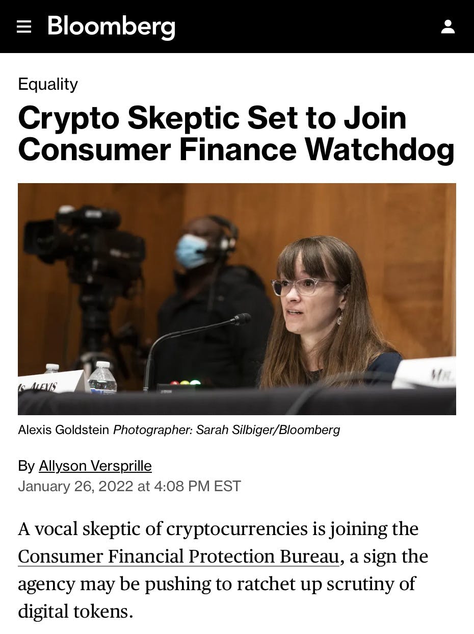 Bloomberg Article about Alexis: "Crypto Skeptic Set to Join Consumer Finance Watchdog"
