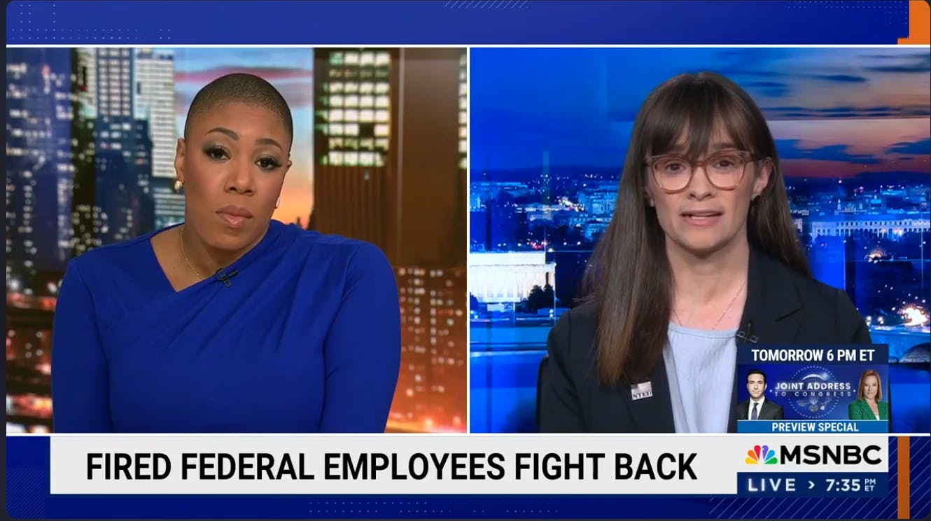 MSNBC host Symone Sanders in a blue blouse on the left, with Alexis Goldstein in a navy blazer and a National Treasury Employees Union (NTEU) pin on the right. The headline reads, "Fired federal employees fight back."