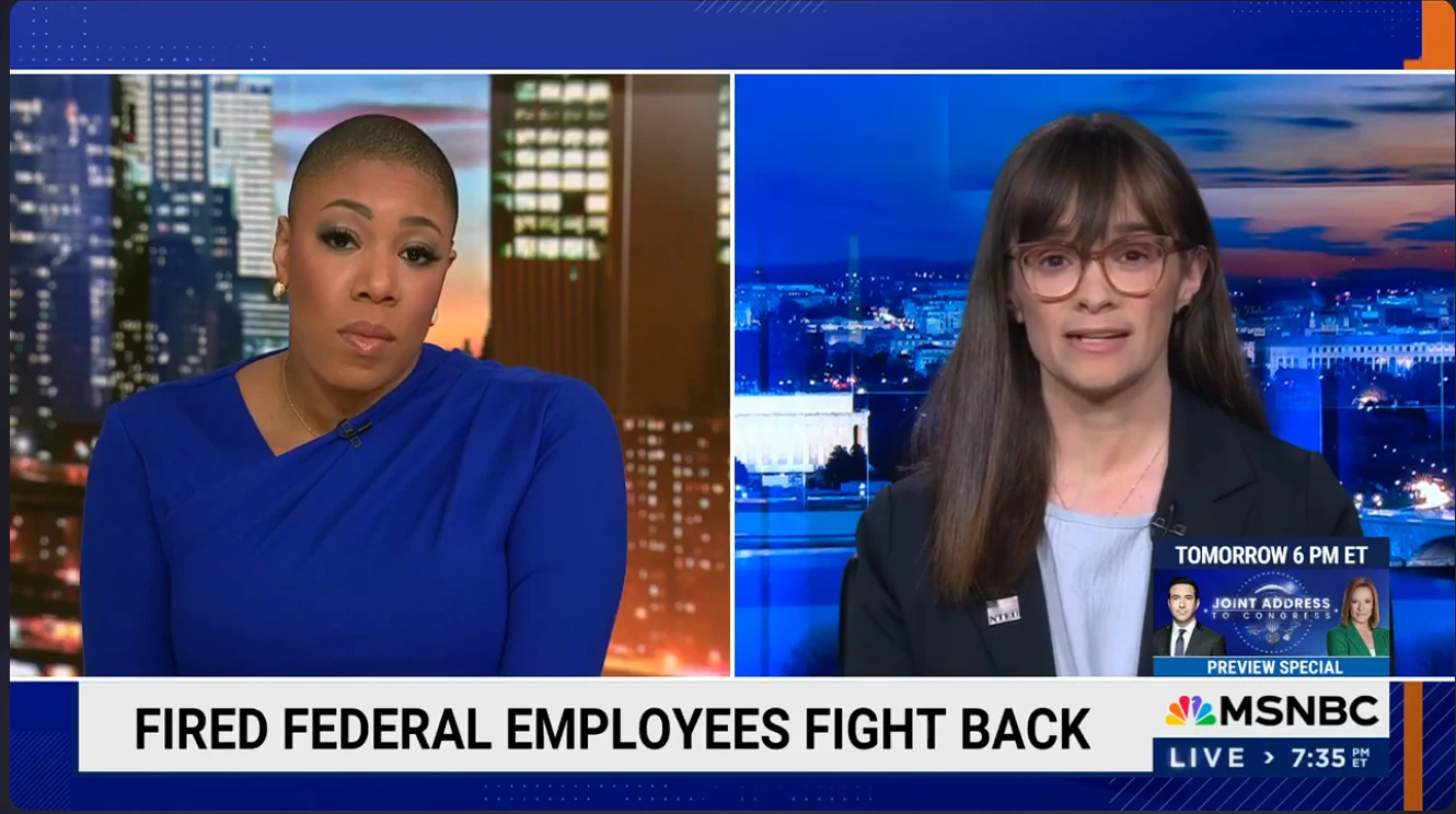 MSNBC host Symone Sanders in a blue blouse on the left, with Alexis Goldstein in a navy blazer and a National Treasury Employees Union (NTEU) pin on the right. The headline reads, "Fired federal employees fight back."