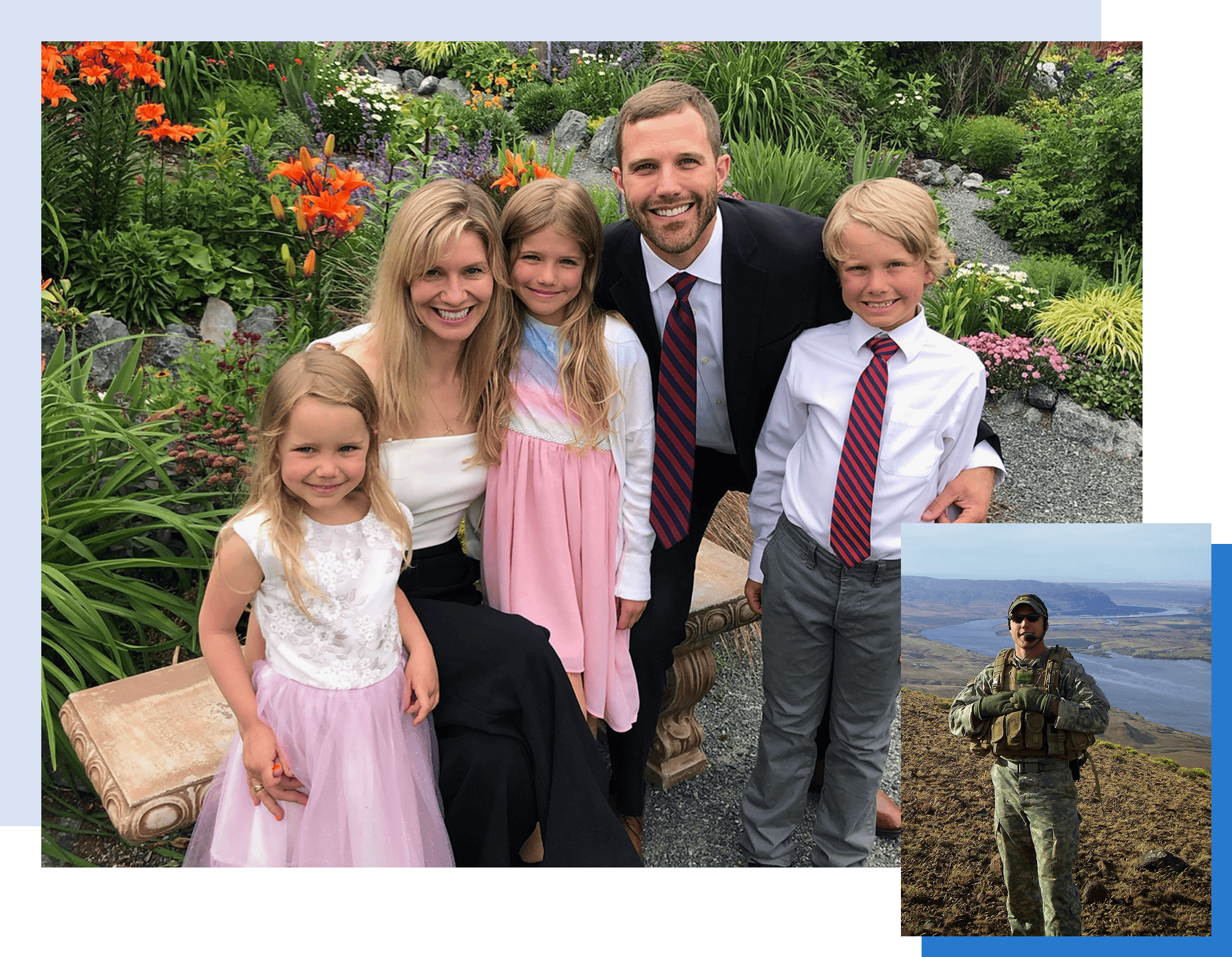 Seth Bodnar with family by a mountain lake (left). Seth overlooking a valley while deployed (bottom right).
