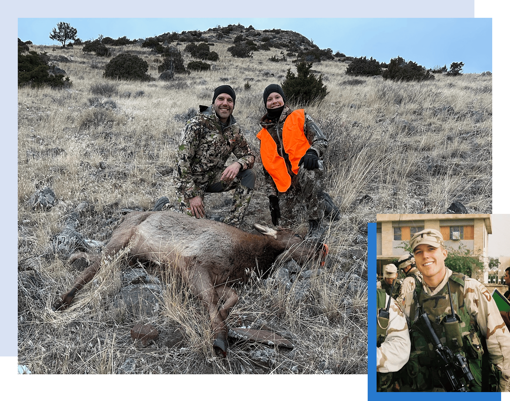 Seth Bodnar hunting with his son. (left) Seth Bodnar on deployment (bottom right).