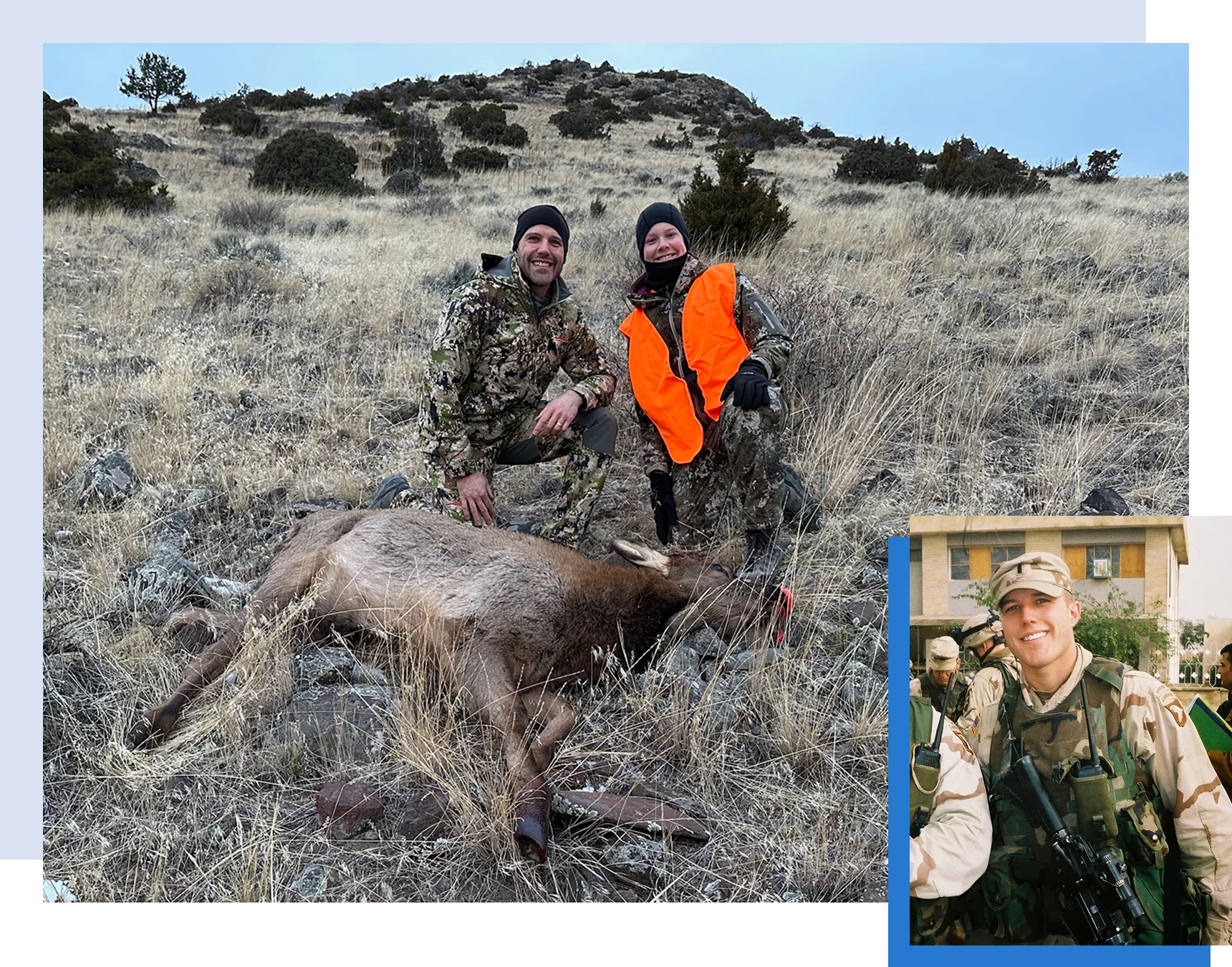 Seth Bodnar hunting with his son. (left) Seth Bodnar on deployment (bottom right).
