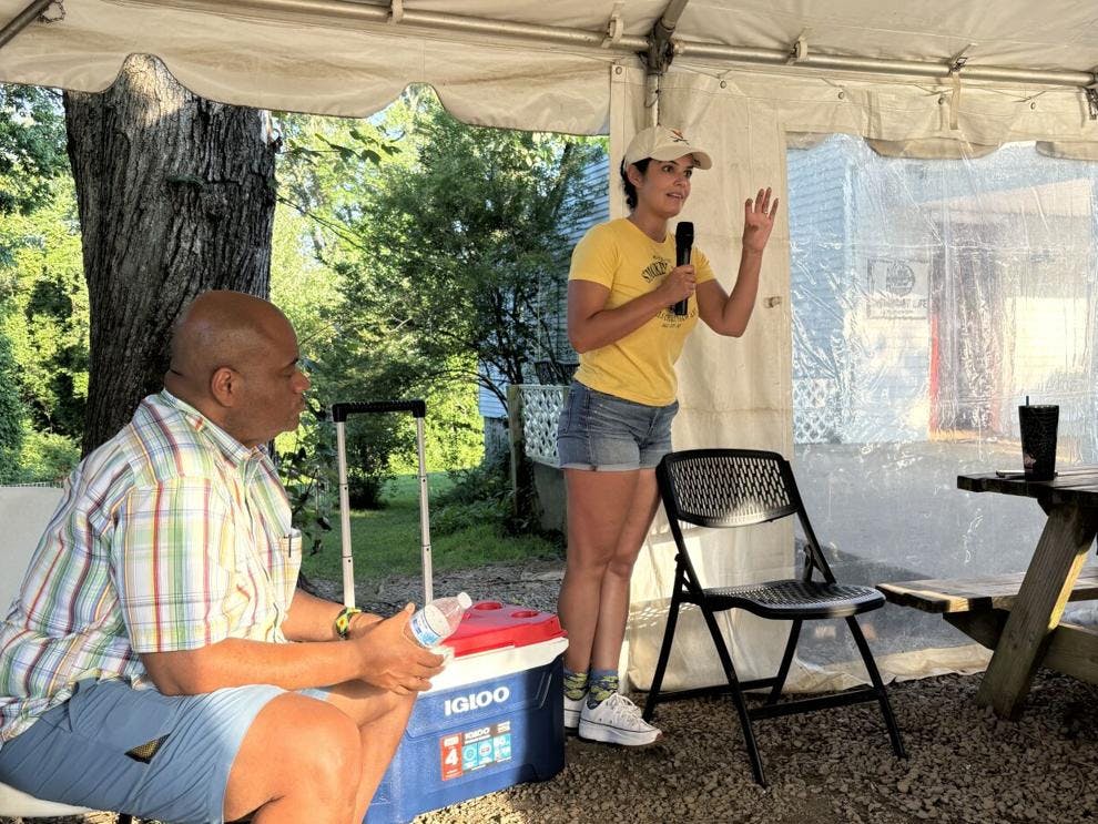  Del. Katrina Callsen, D-Albemarle, speaks at a Fifeville community gathering after a July Fourth shooting rocked the neighborhood, Saturday, July 5, 2025, at Abundant Life Ministries in Charlottesville.