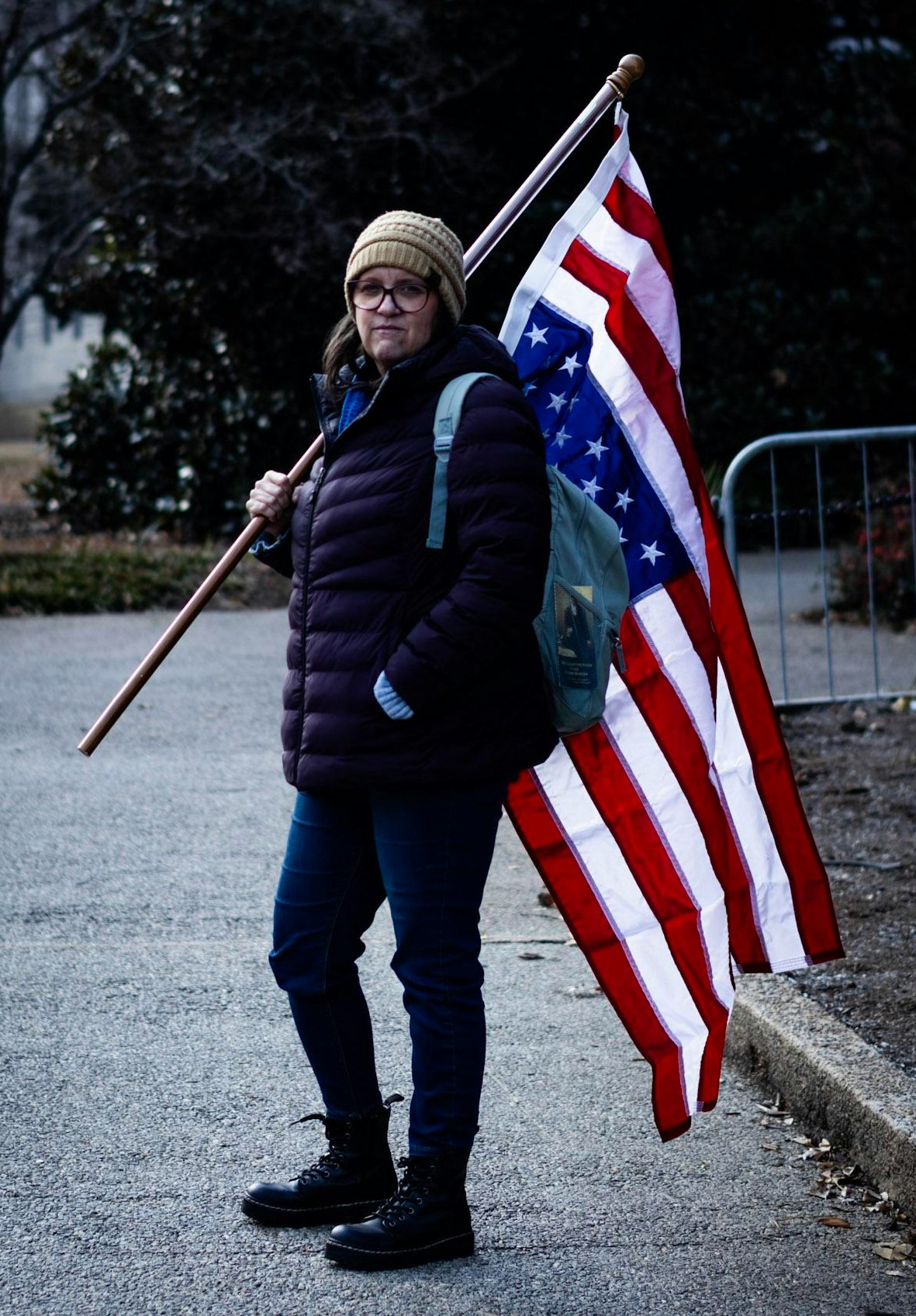 Julie holding an american flag